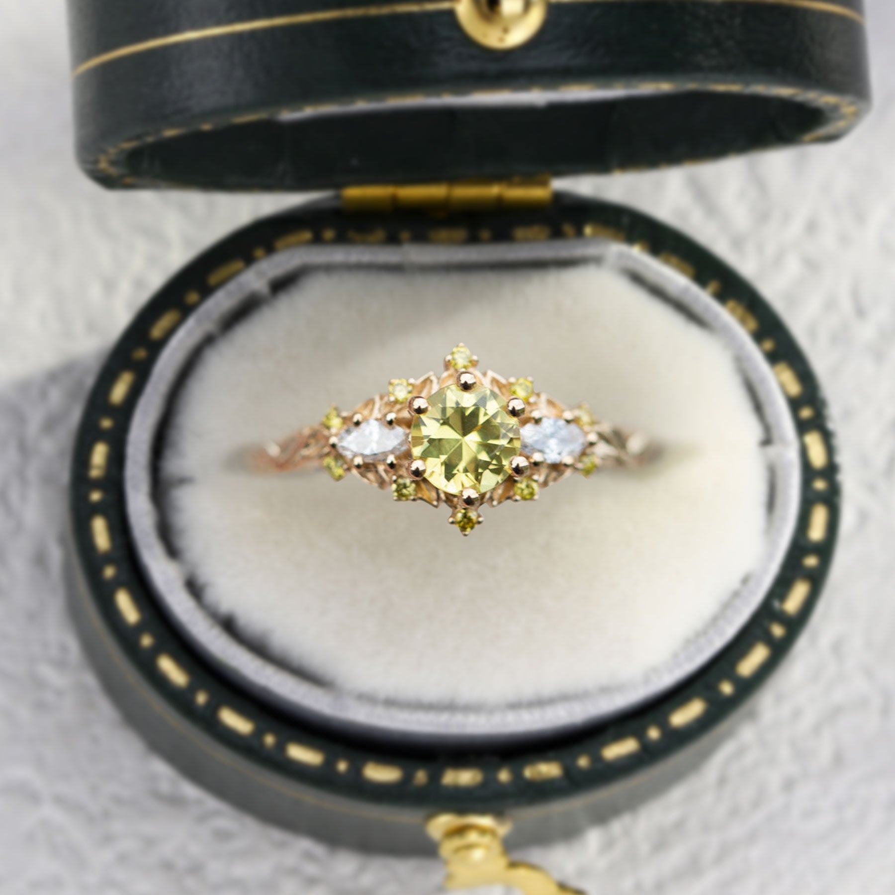 Unique Briar Rose Three Stone Round Citrine Ring - Oore Jewelry
