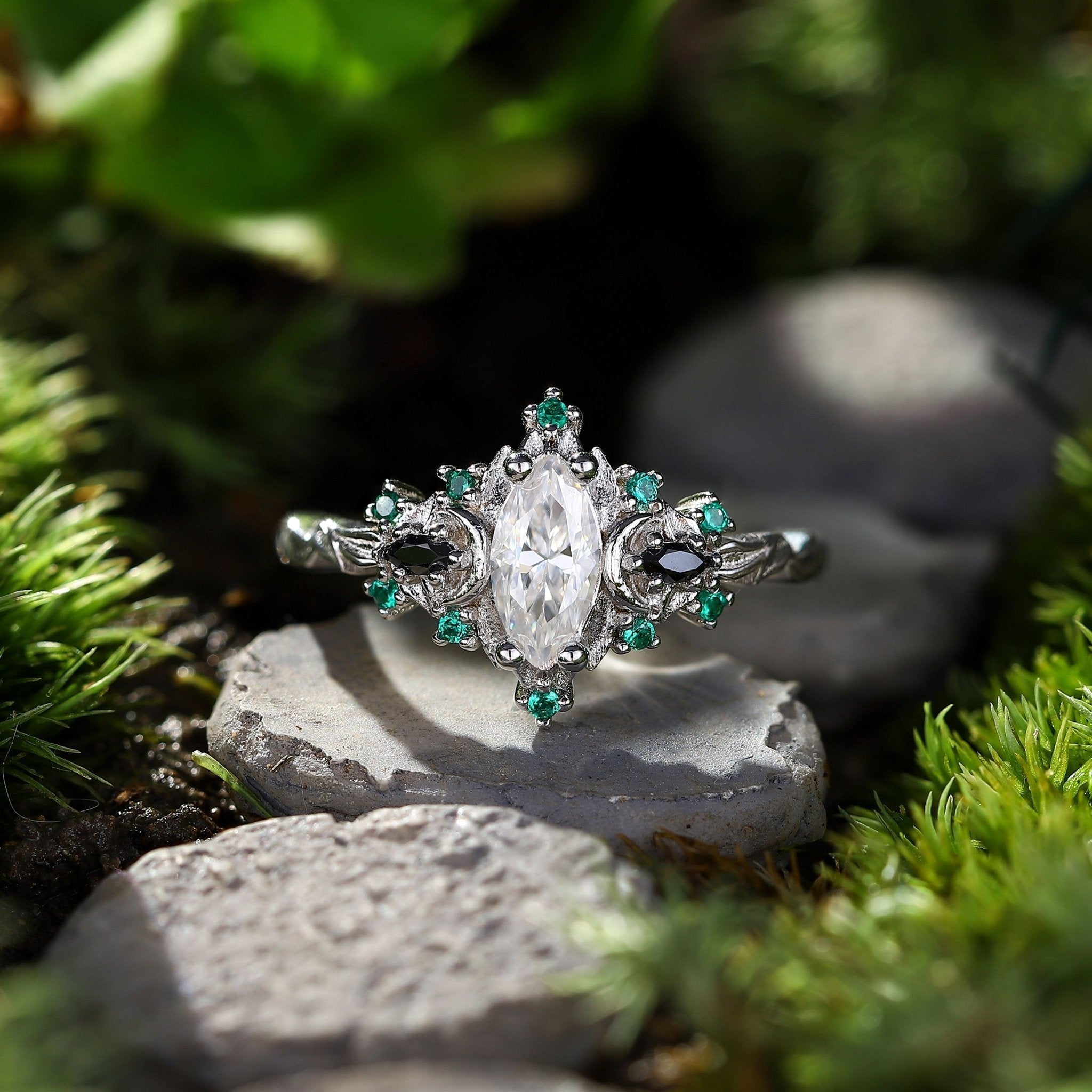 Unique Briar Moon Three Stone Marquise Moissanite and Lab Emerald Ring - Oore Jewelry
