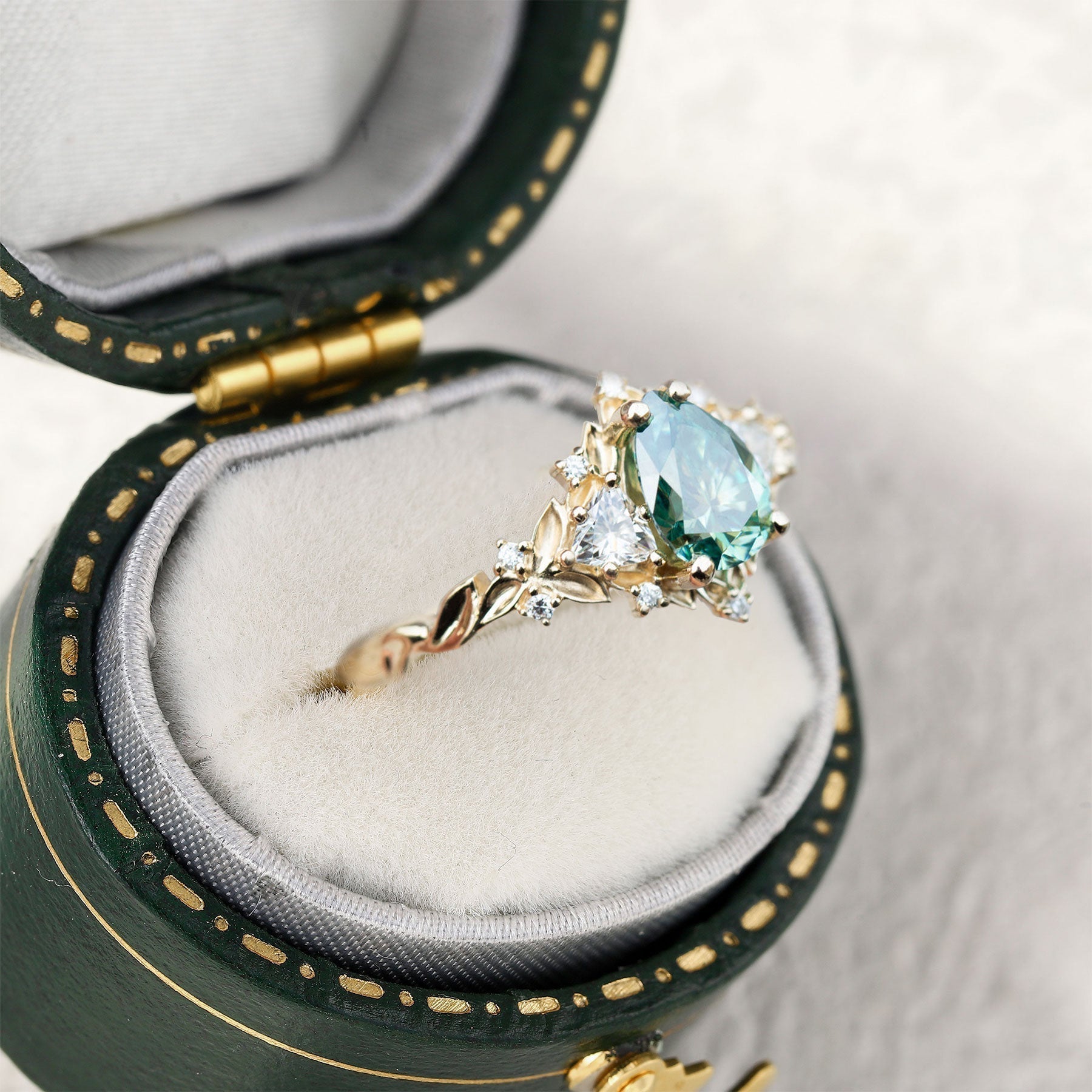Unique Briar Rose Three Stone Pear Teal Moissanite Ring - Oore Jewelry