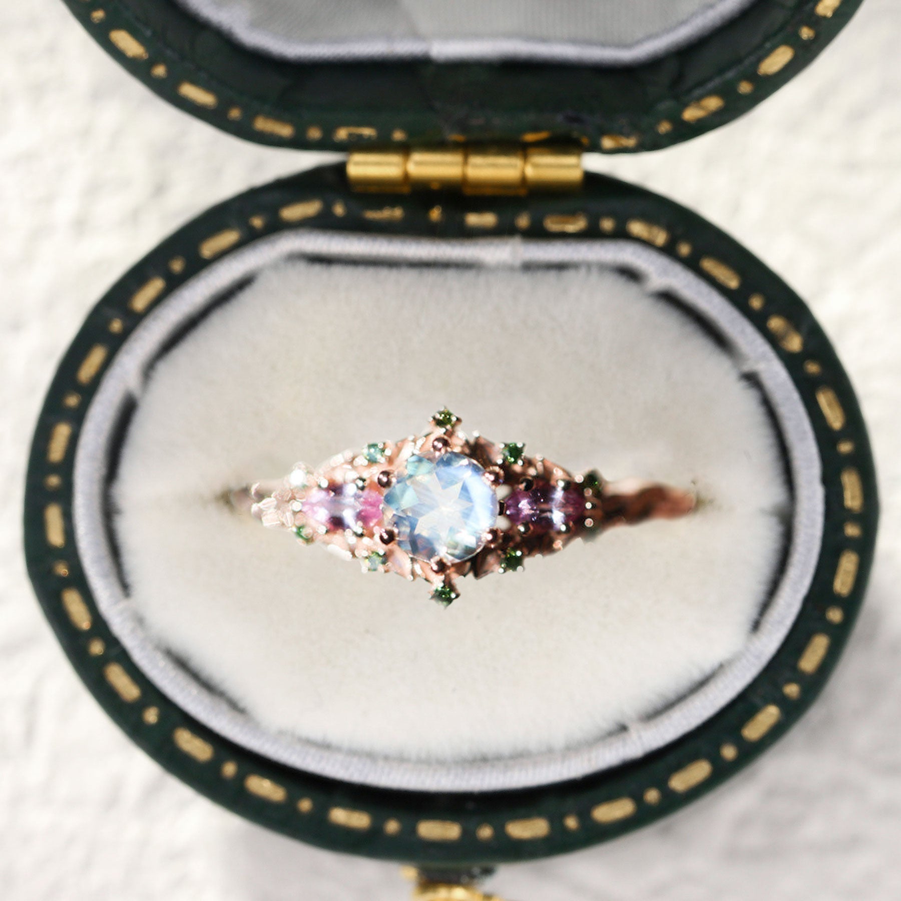 Unique Briar Rose Three Stone Round Lab Moonstone Ring - Oore Jewelry
