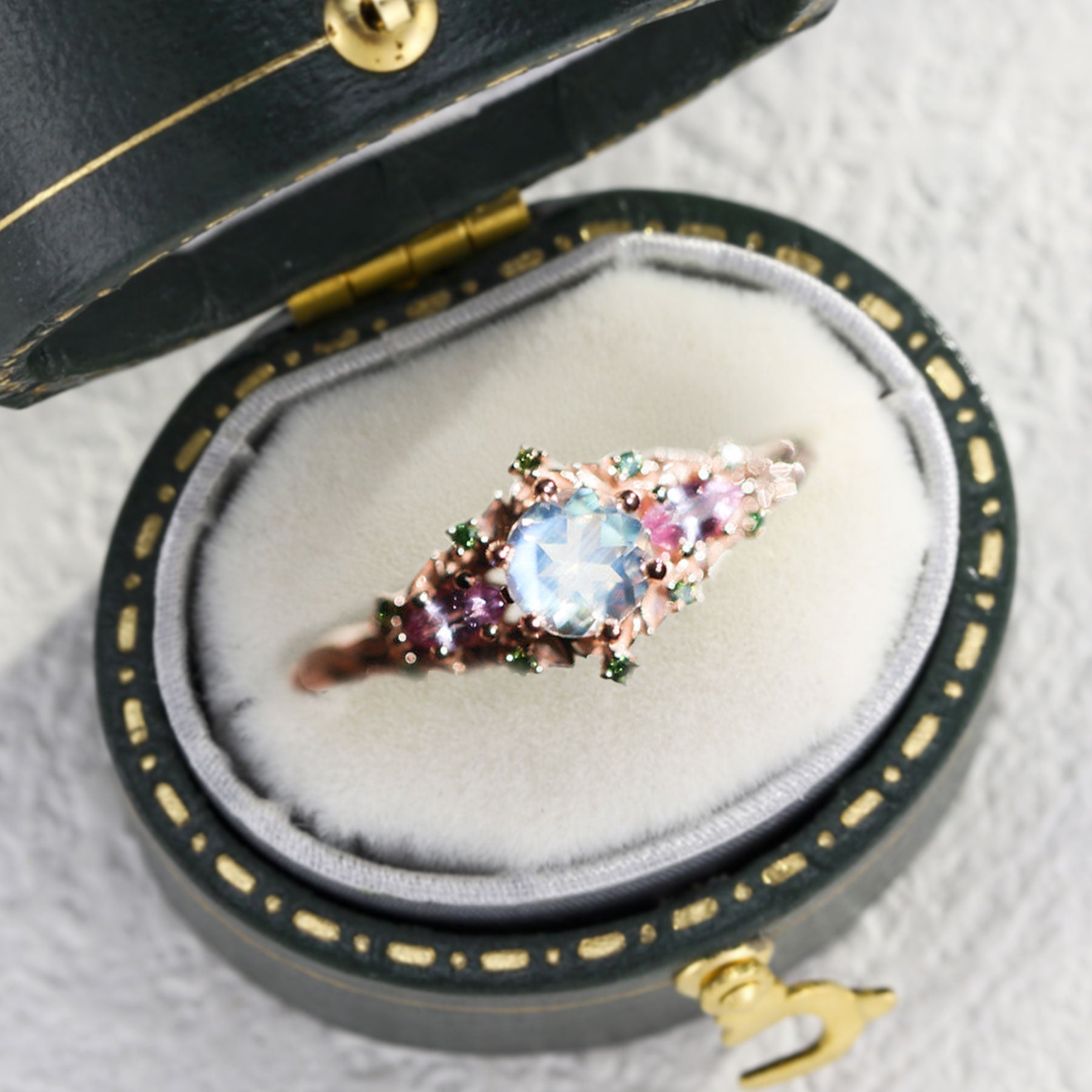 Unique Briar Rose Three Stone Round Lab Moonstone Ring - Oore Jewelry