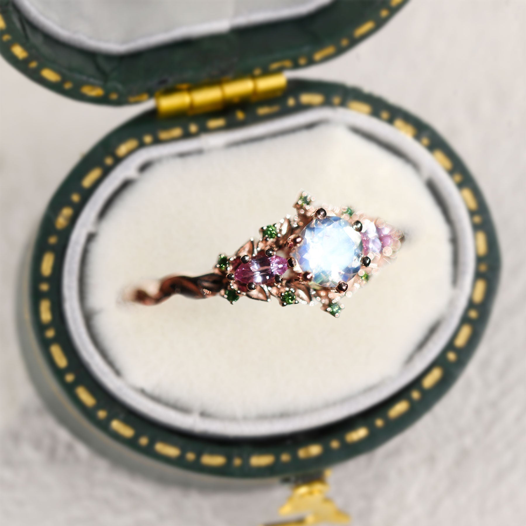 Unique Briar Rose Three Stone Round Lab Moonstone Ring - Oore Jewelry