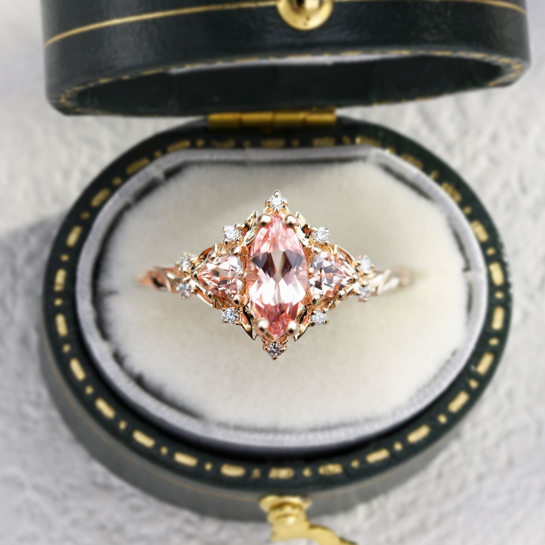 Unique Briar Rose Three Stone Marquise Lab Padparadscha Ring - Oore Jewelry