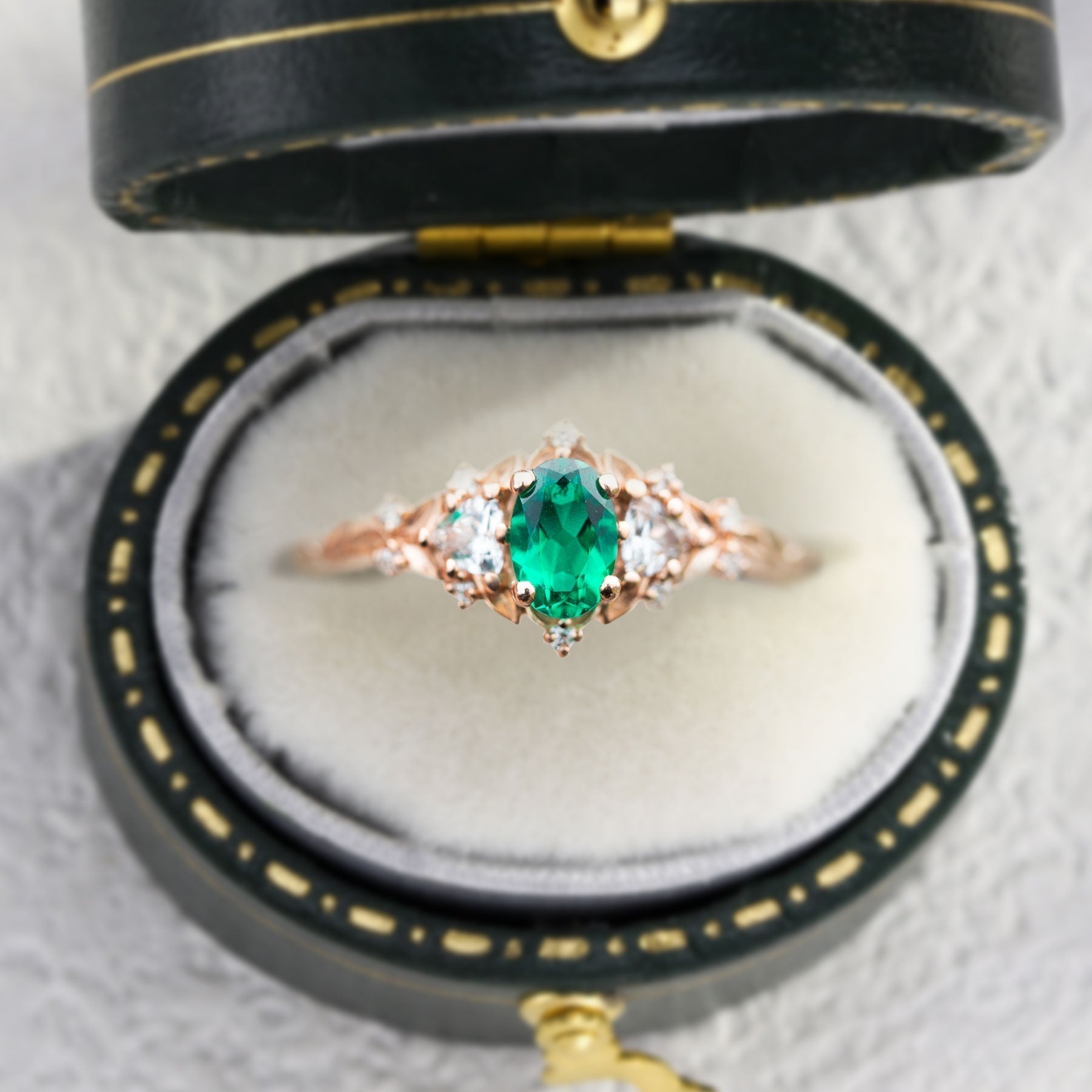 Unique Briar Rose Three Stone Oval Lab Emerald Ring - Oore Jewelry