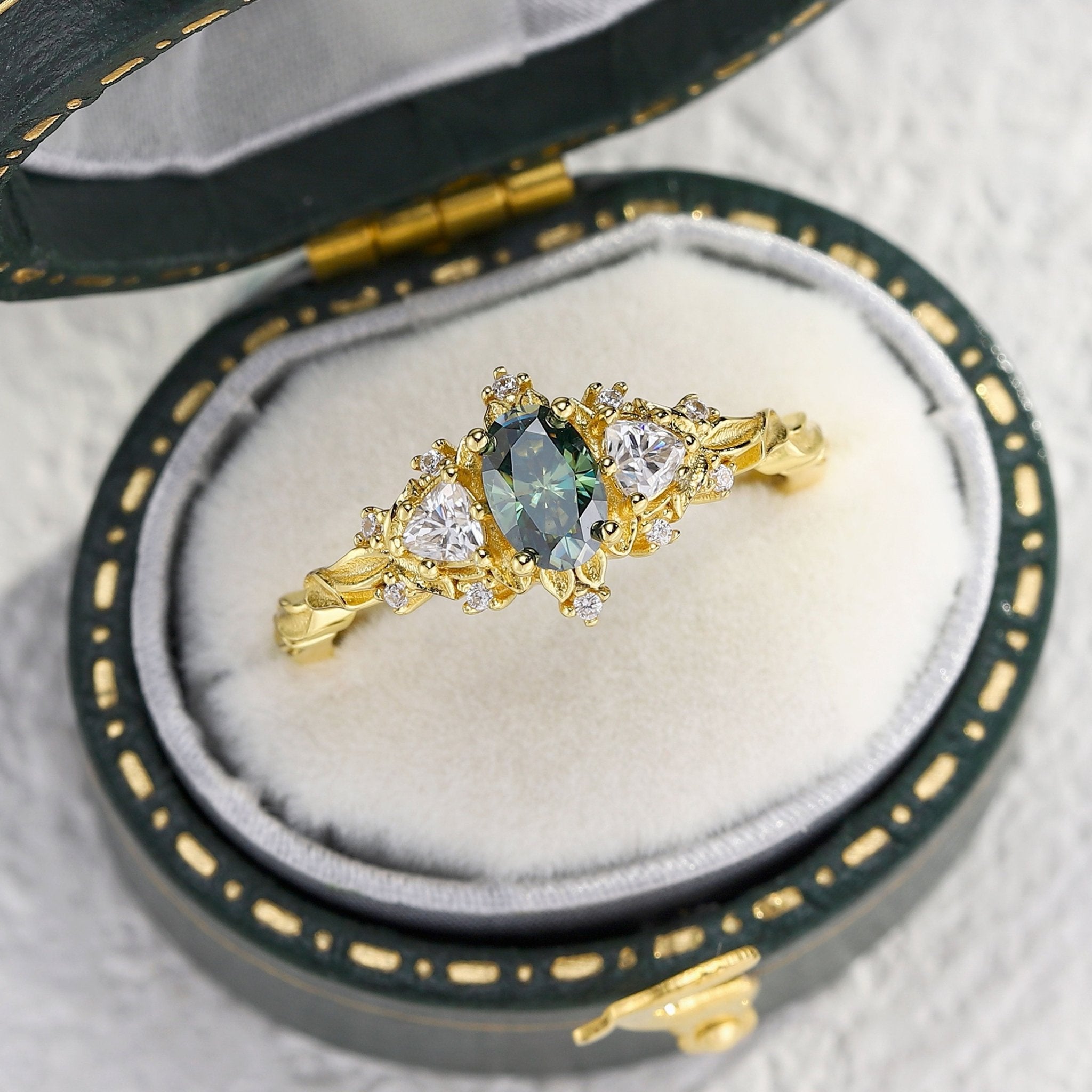 Unique Briar Rose Three Stone Oval Teal Moissanite Ring - Oore Jewelry