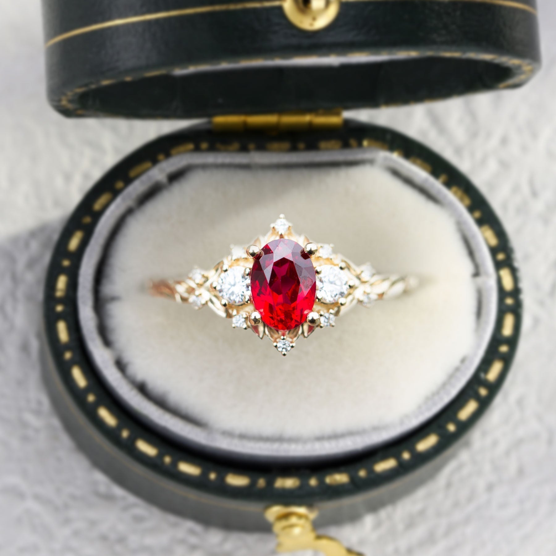 Unique Briar Rose Three Stone Oval Lab Ruby and Moissanite Ring - Oore Jewelry
