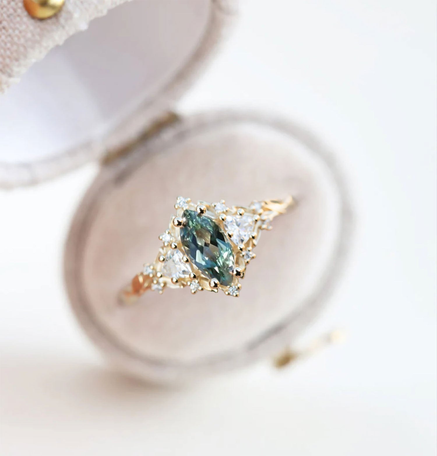 Unique Briar Rose Three Stone Marquise Green Lab Sapphire Ring - Oore Jewelry