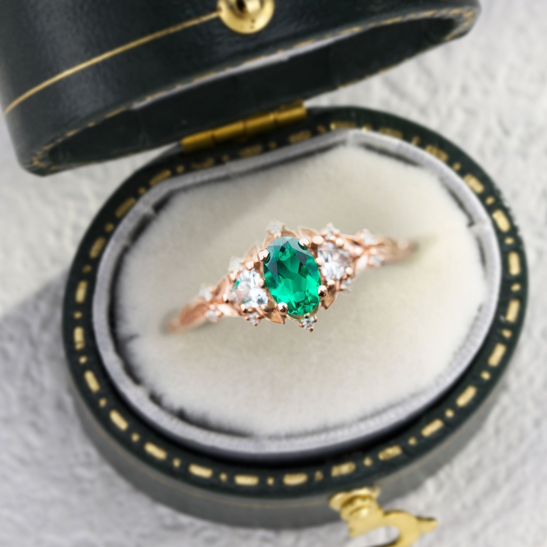 Unique Briar Rose Three Stone Oval Lab Emerald Ring - Oore Jewelry