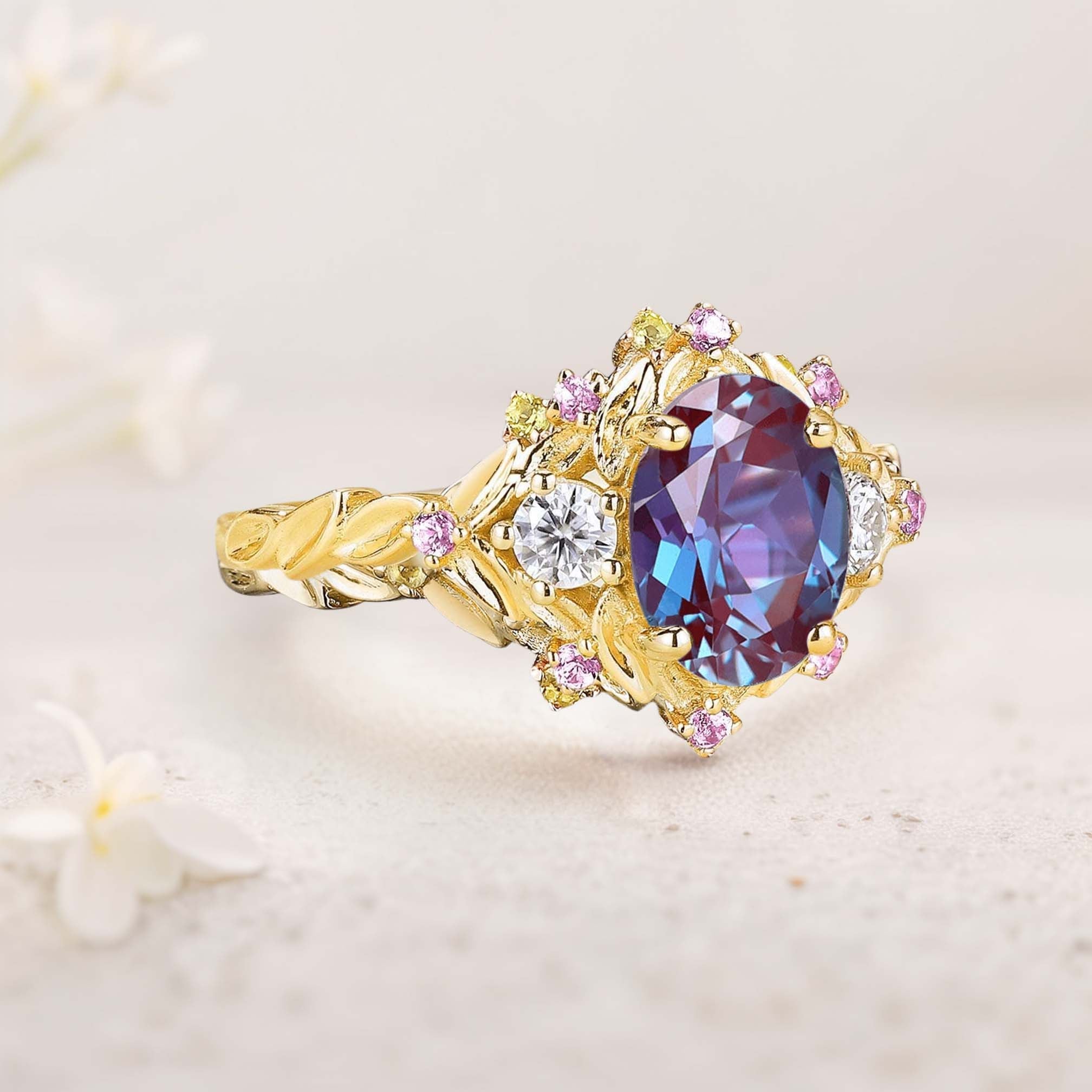 Unique Three Stone Oval Alexandrite Flower Engagement Ring - Oore Jewelry