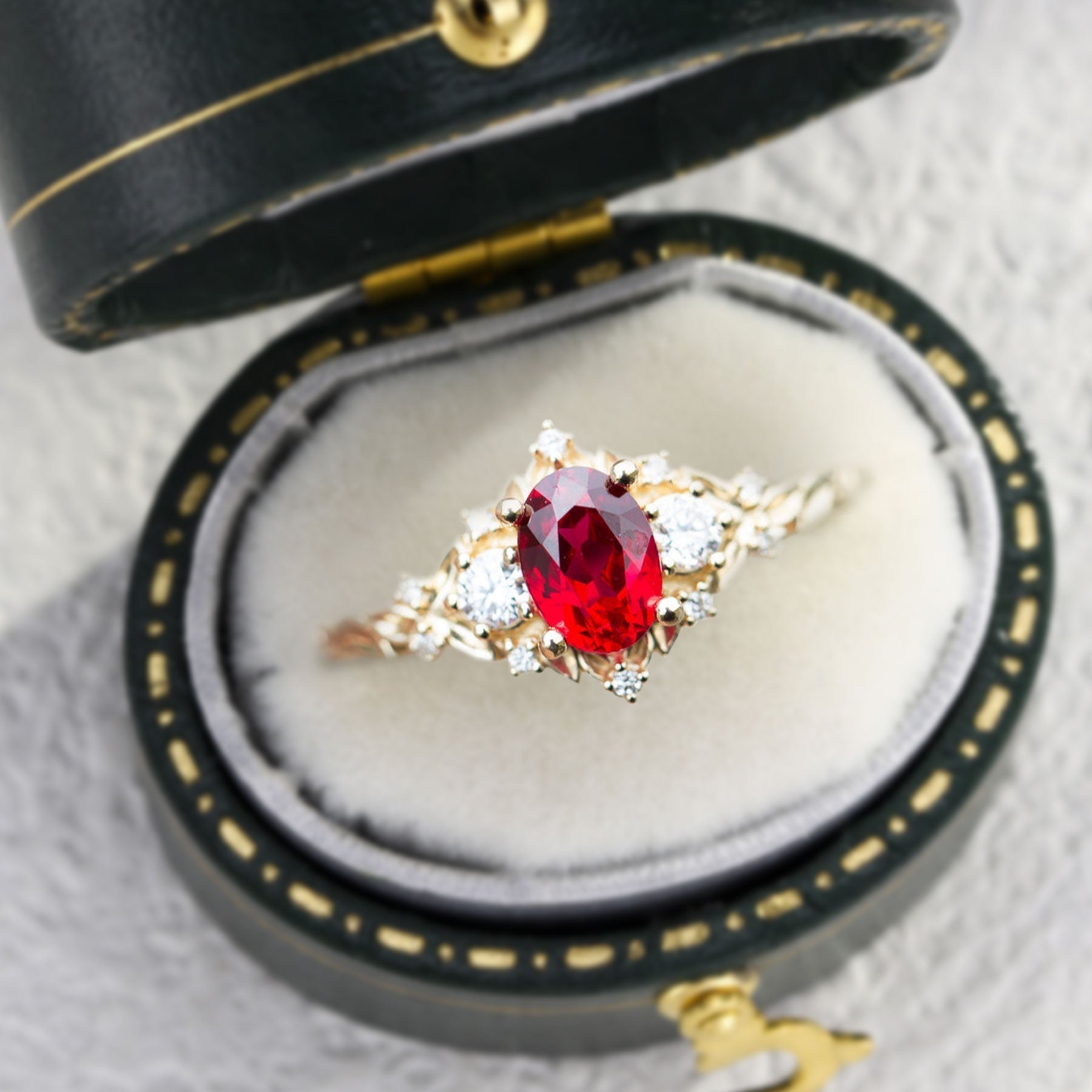 Unique Briar Rose Three Stone Oval Lab Ruby and Moissanite Ring - Oore Jewelry