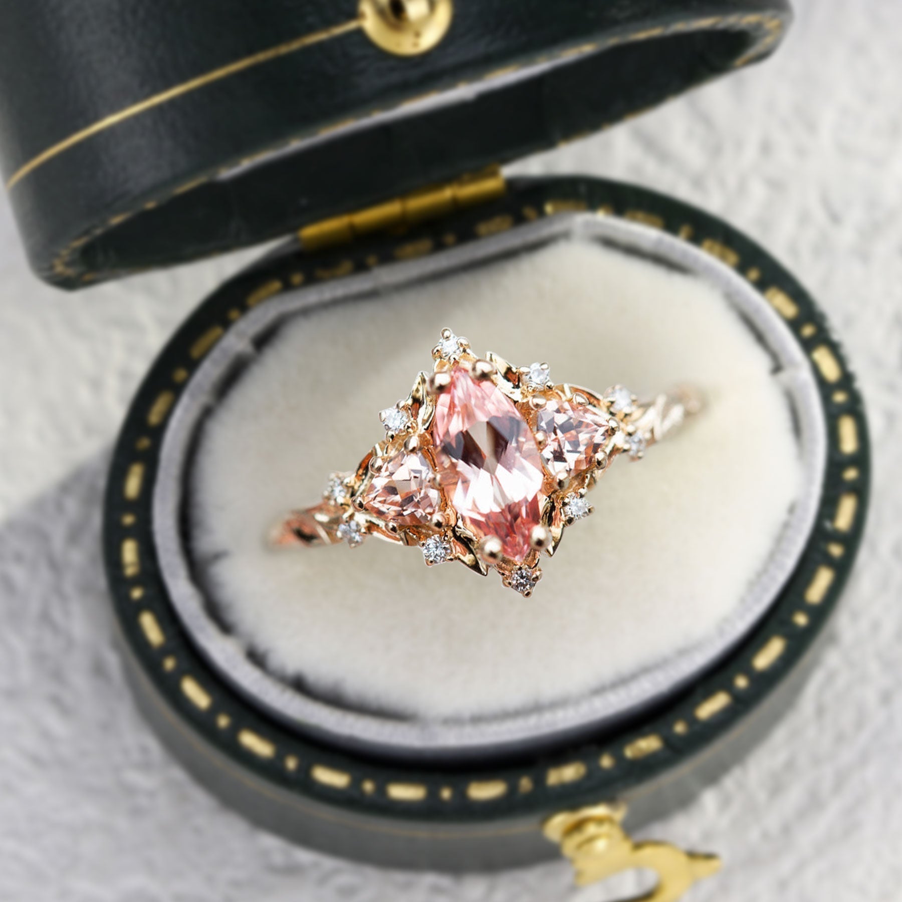Unique Briar Rose Three Stone Marquise Lab Padparadscha Ring - Oore Jewelry