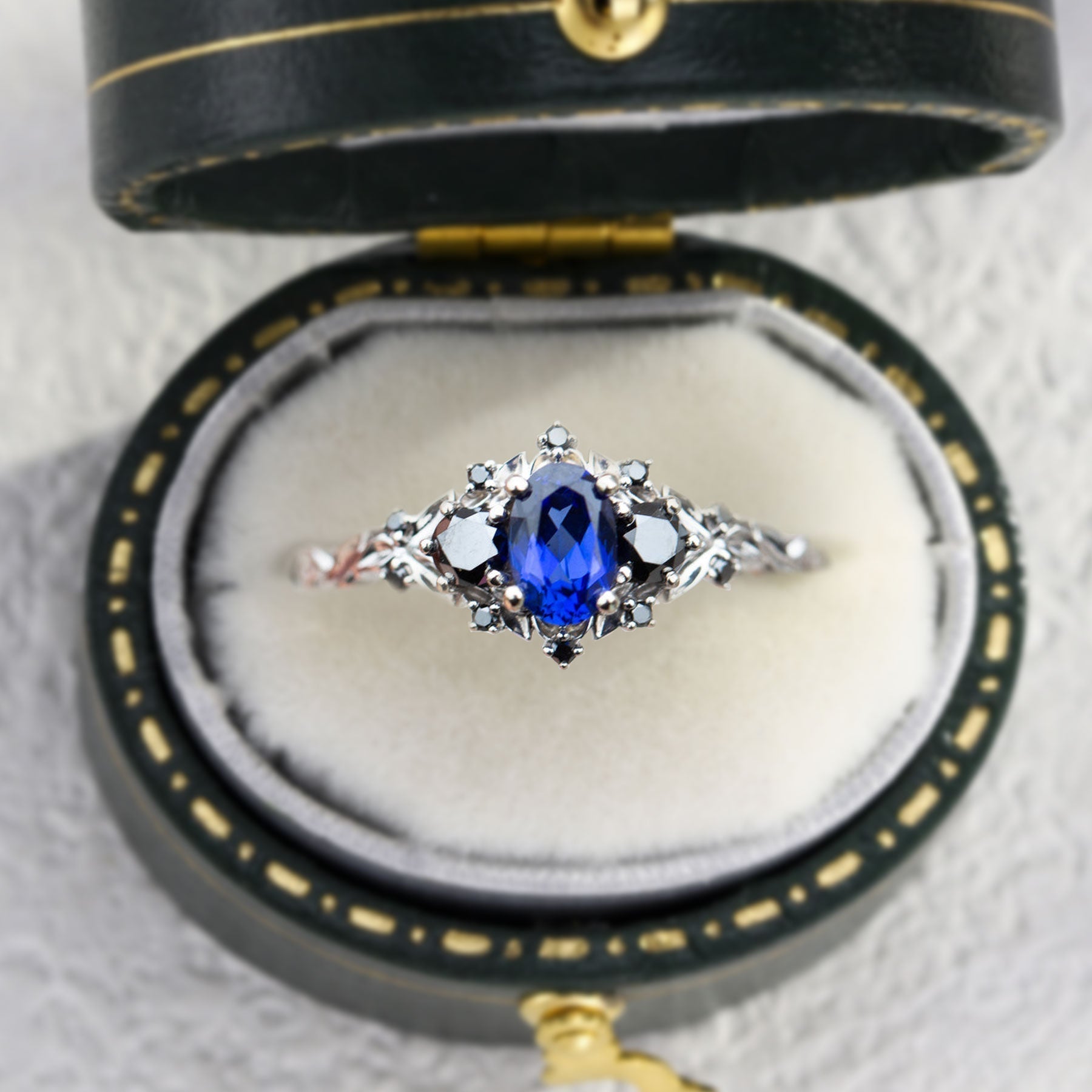 Unique Briar Rose Three Stone Oval Lab Blue Sapphire Ring - Oore Jewelry