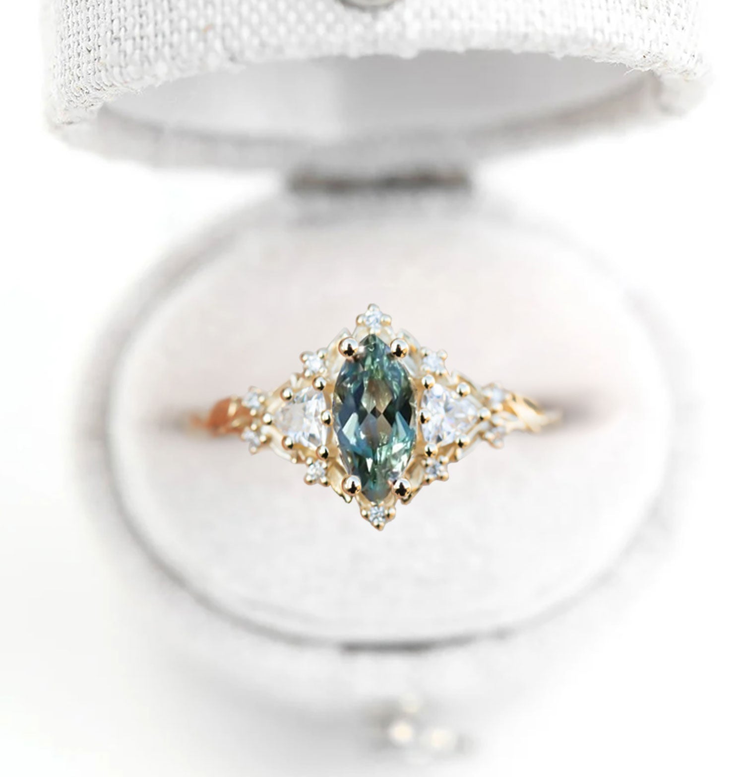Unique Briar Rose Three Stone Marquise Green Lab Sapphire Ring - Oore Jewelry