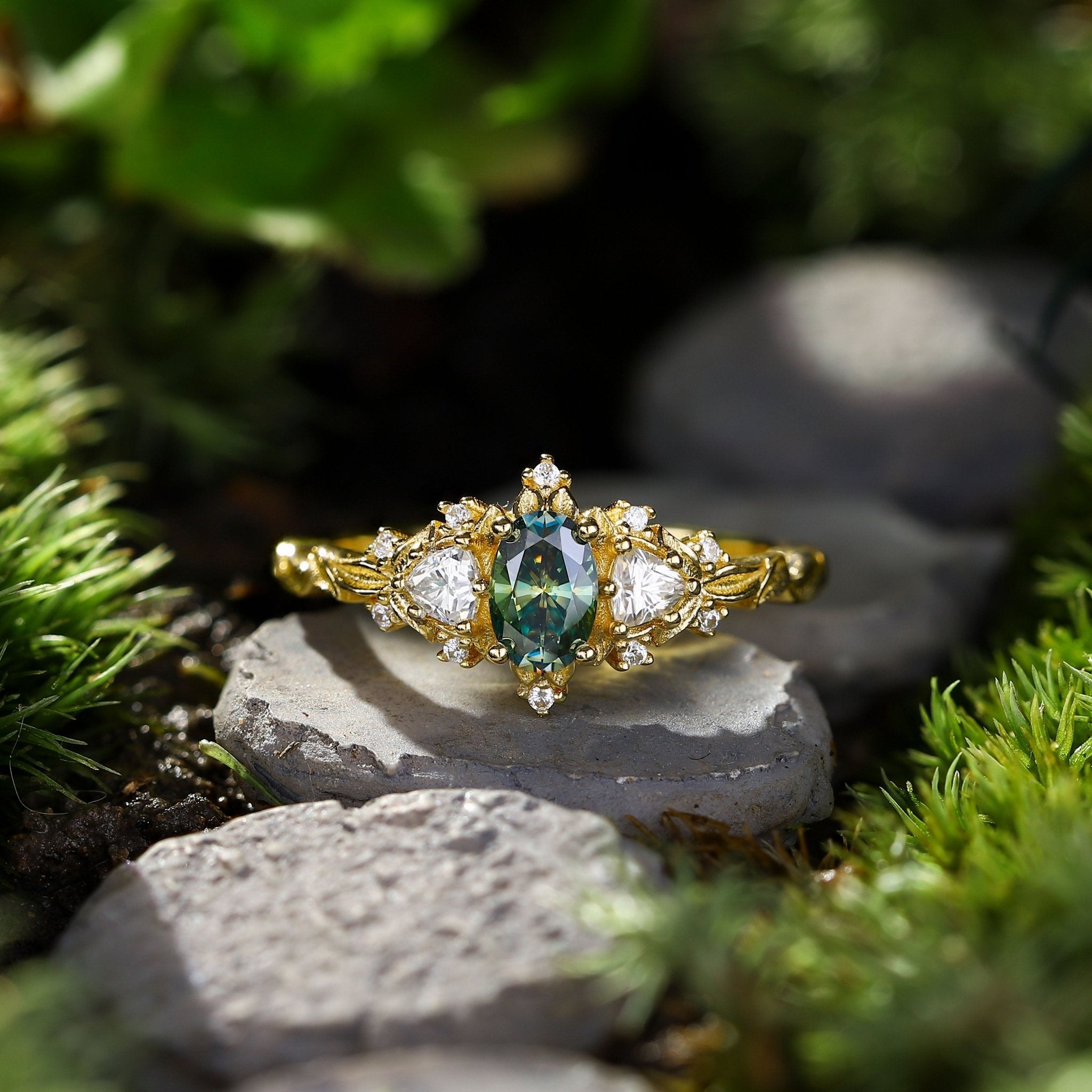 Unique Briar Rose Three Stone Oval Teal Moissanite Ring - Oore Jewelry