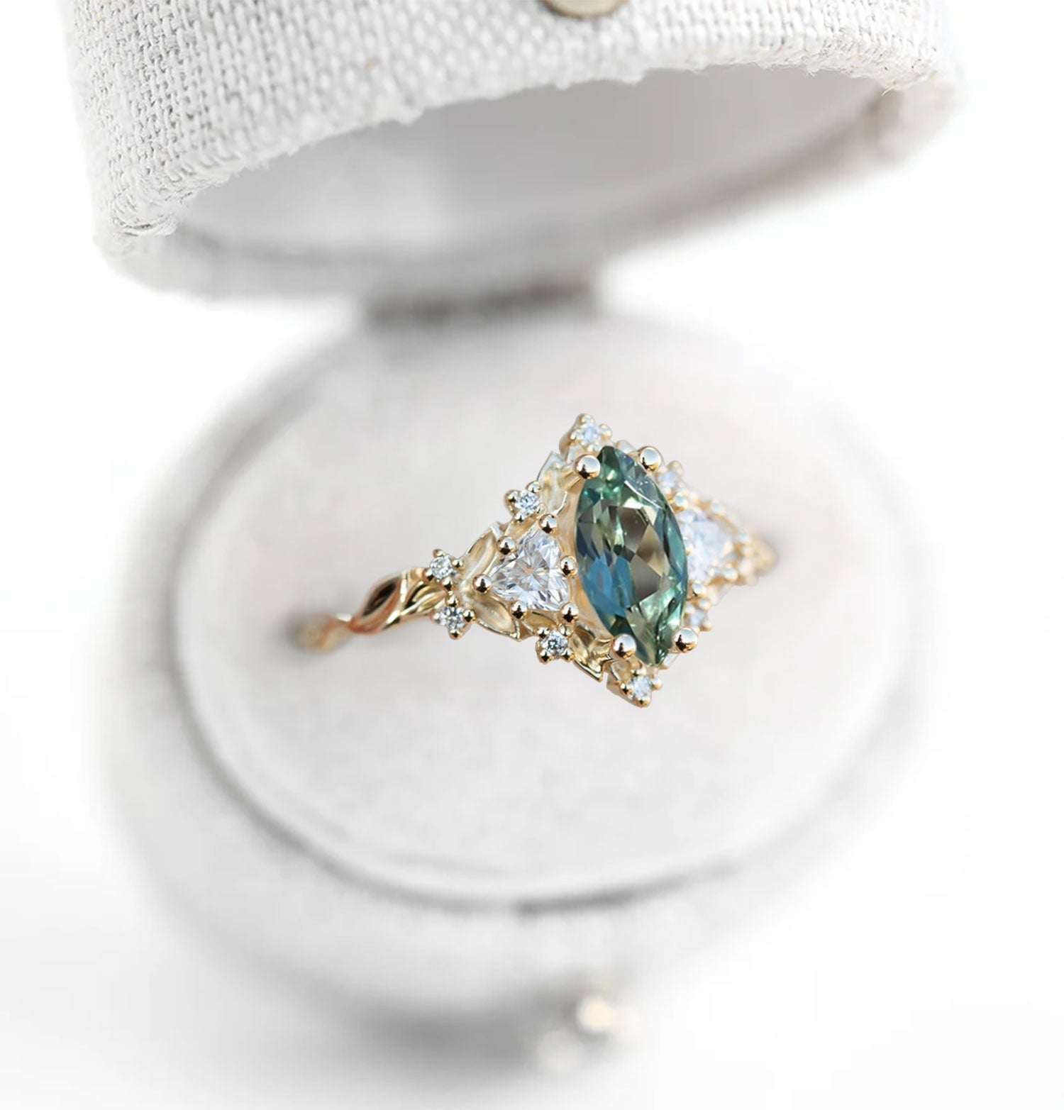 Unique Briar Rose Three Stone Marquise Green Lab Sapphire Ring - Oore Jewelry
