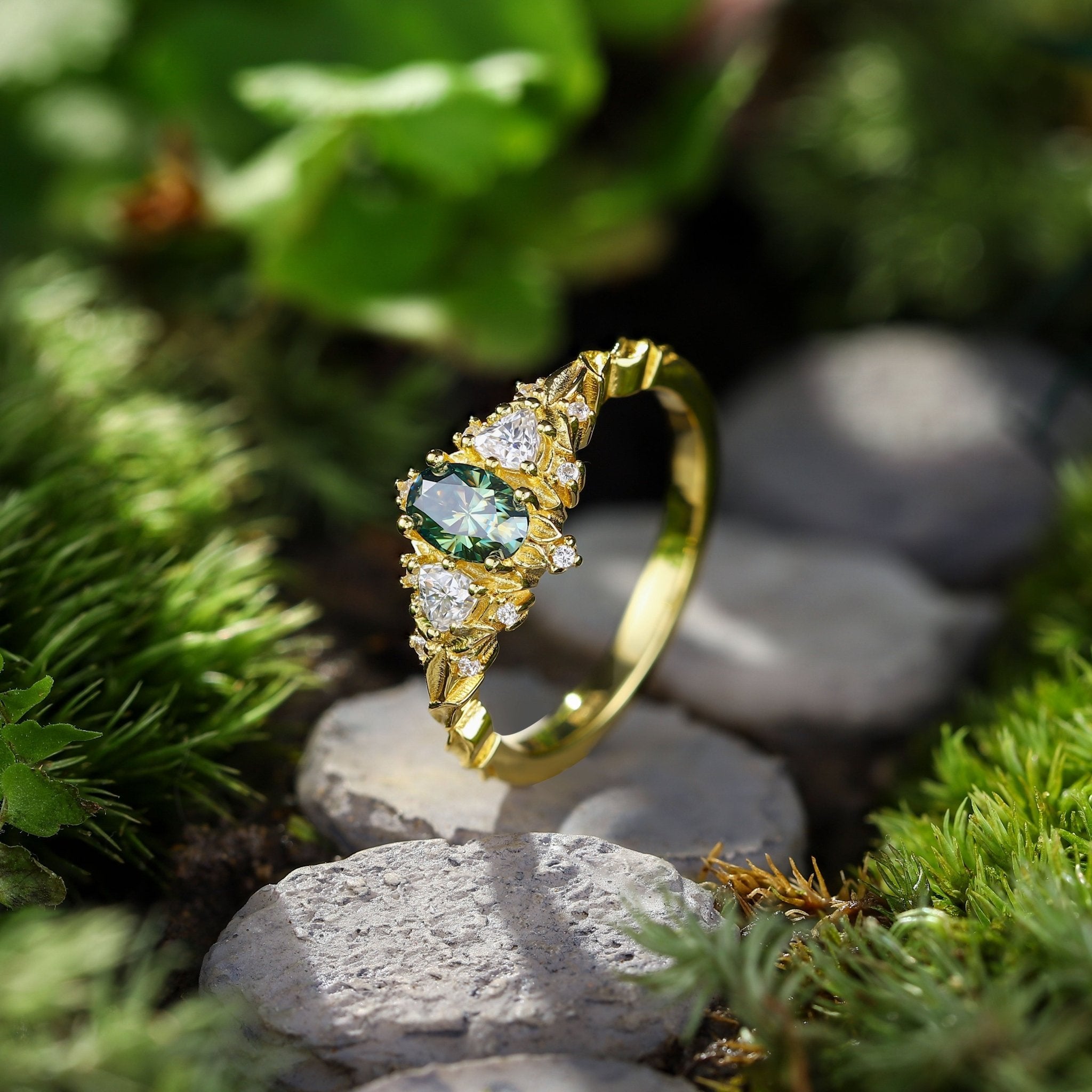 Unique Briar Rose Three Stone Oval Teal Moissanite Ring - Oore Jewelry