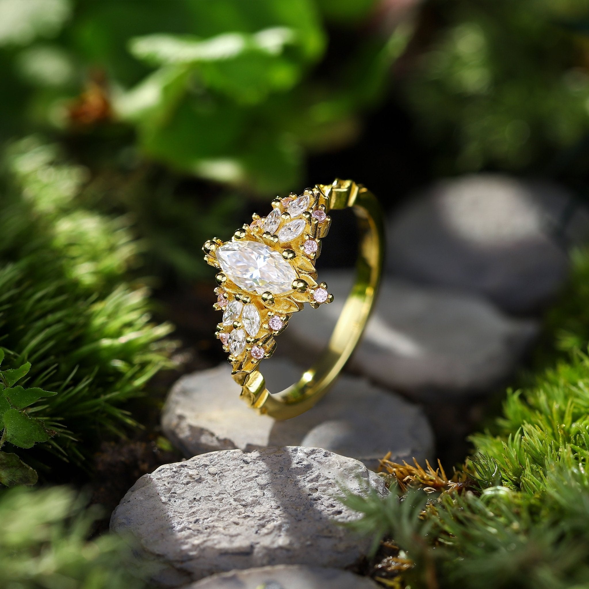 Unique Briar Rose Starlight Marquise Moissanite and Pink Lab Sapphire Ring - Oore Jewelry