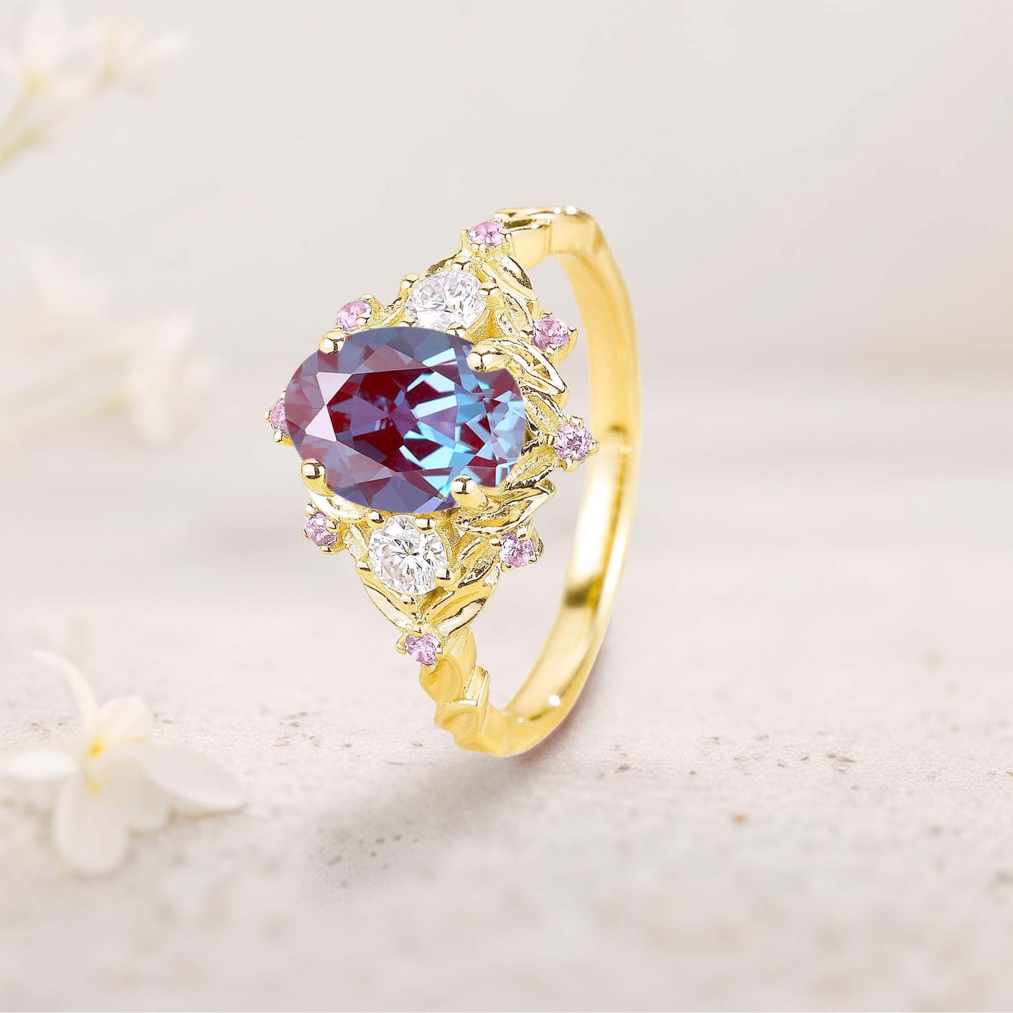 Unique Three Stone Oval Alexandrite Flower Engagement Ring - Oore Jewelry