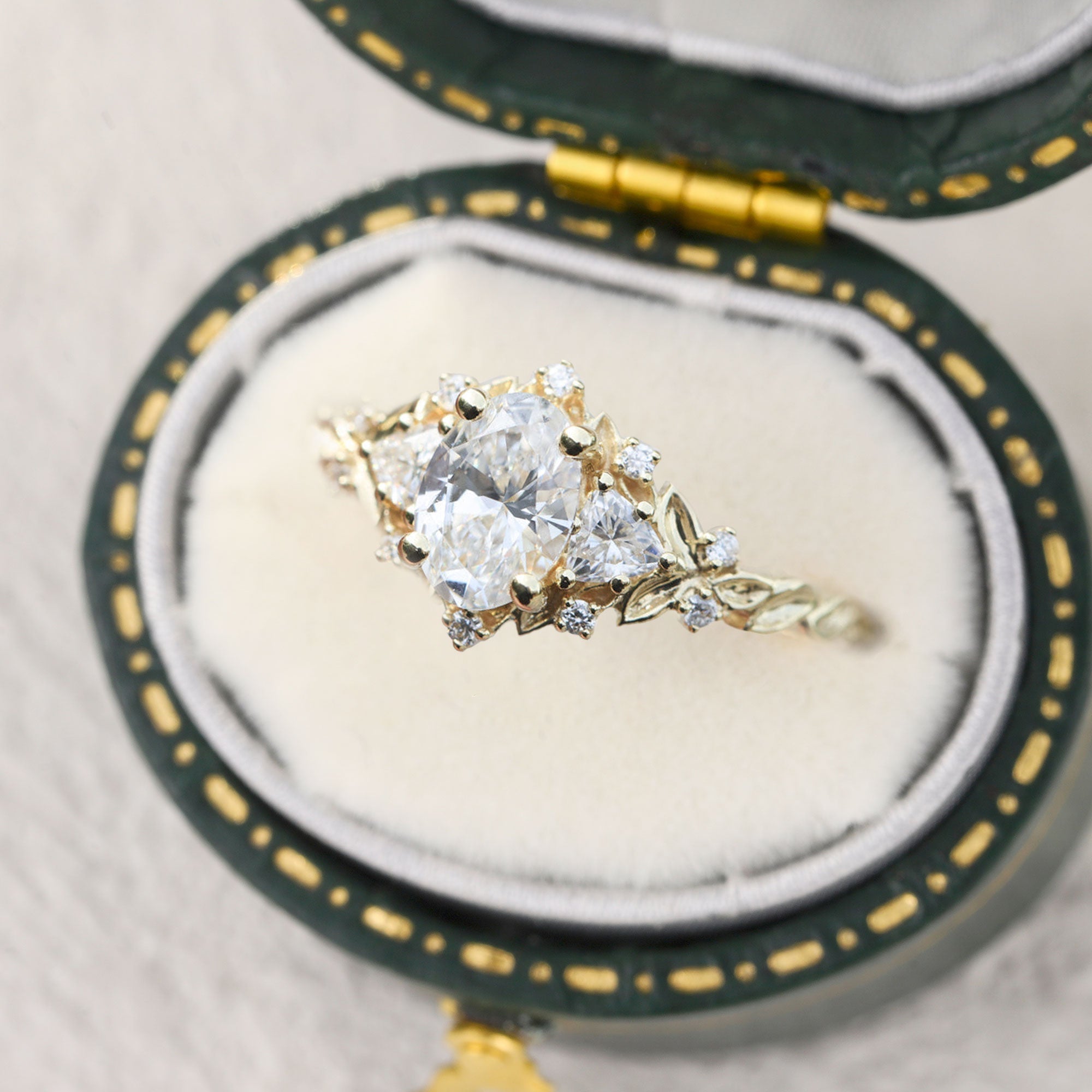 Unique Briar Rose Three Stone Oval Moissanite Ring - Oore Jewelry