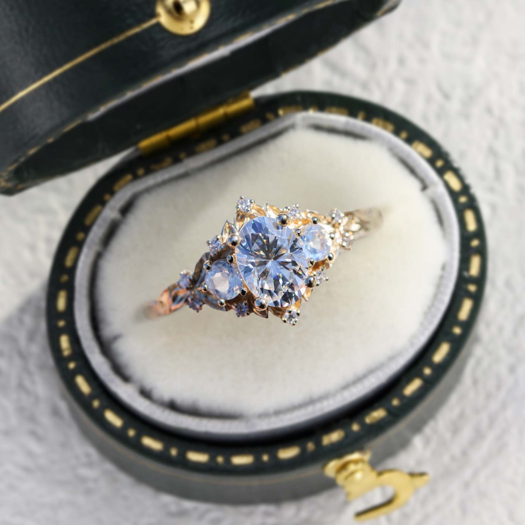 Unique Briar Rose Three Stone Oval Moissanite and Lab Moonstone Ring - Oore Jewelry