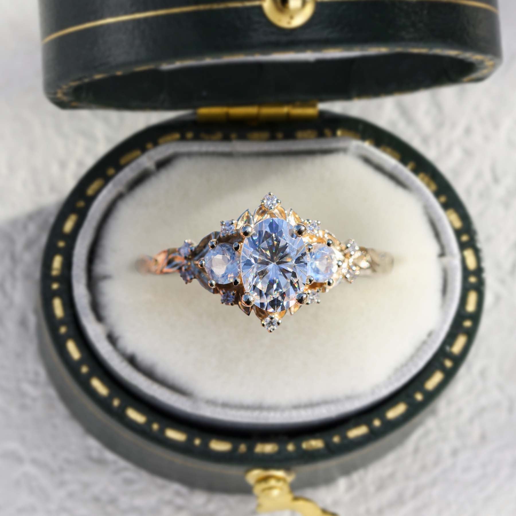 Unique Briar Rose Three Stone Oval Moissanite and Lab Moonstone Ring - Oore Jewelry