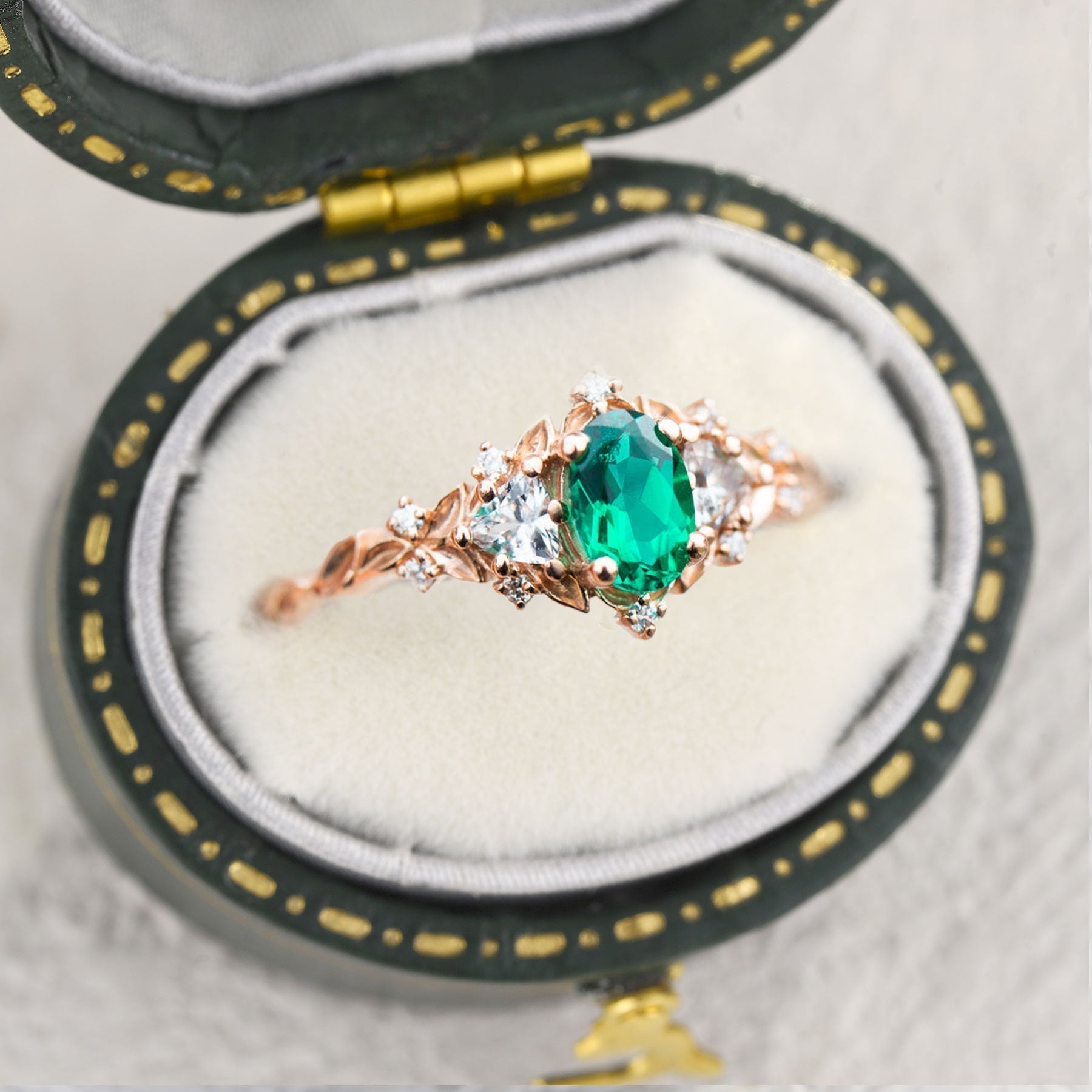 Unique Briar Rose Three Stone Oval Lab Emerald Ring - Oore Jewelry