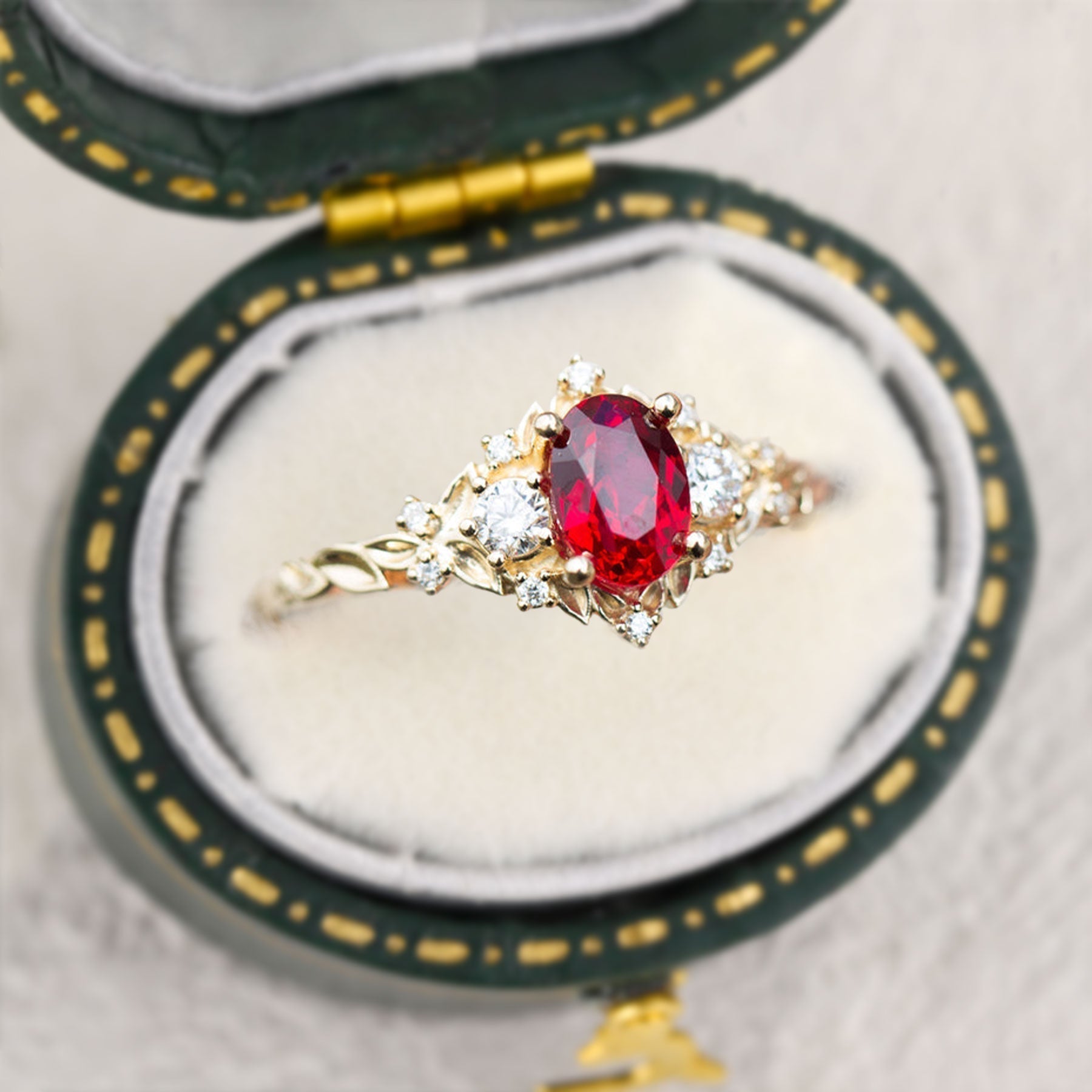 Unique Briar Rose Three Stone Oval Lab Ruby and Moissanite Ring - Oore Jewelry