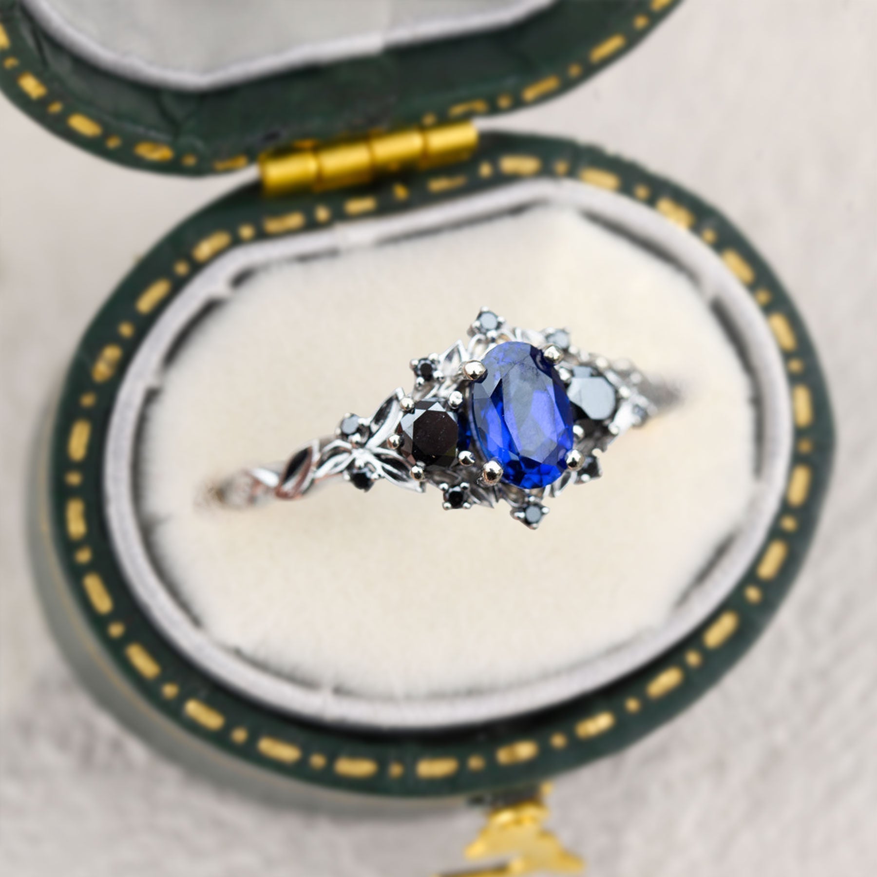 Unique Briar Rose Three Stone Oval Lab Blue Sapphire Ring- Oore Jewelry