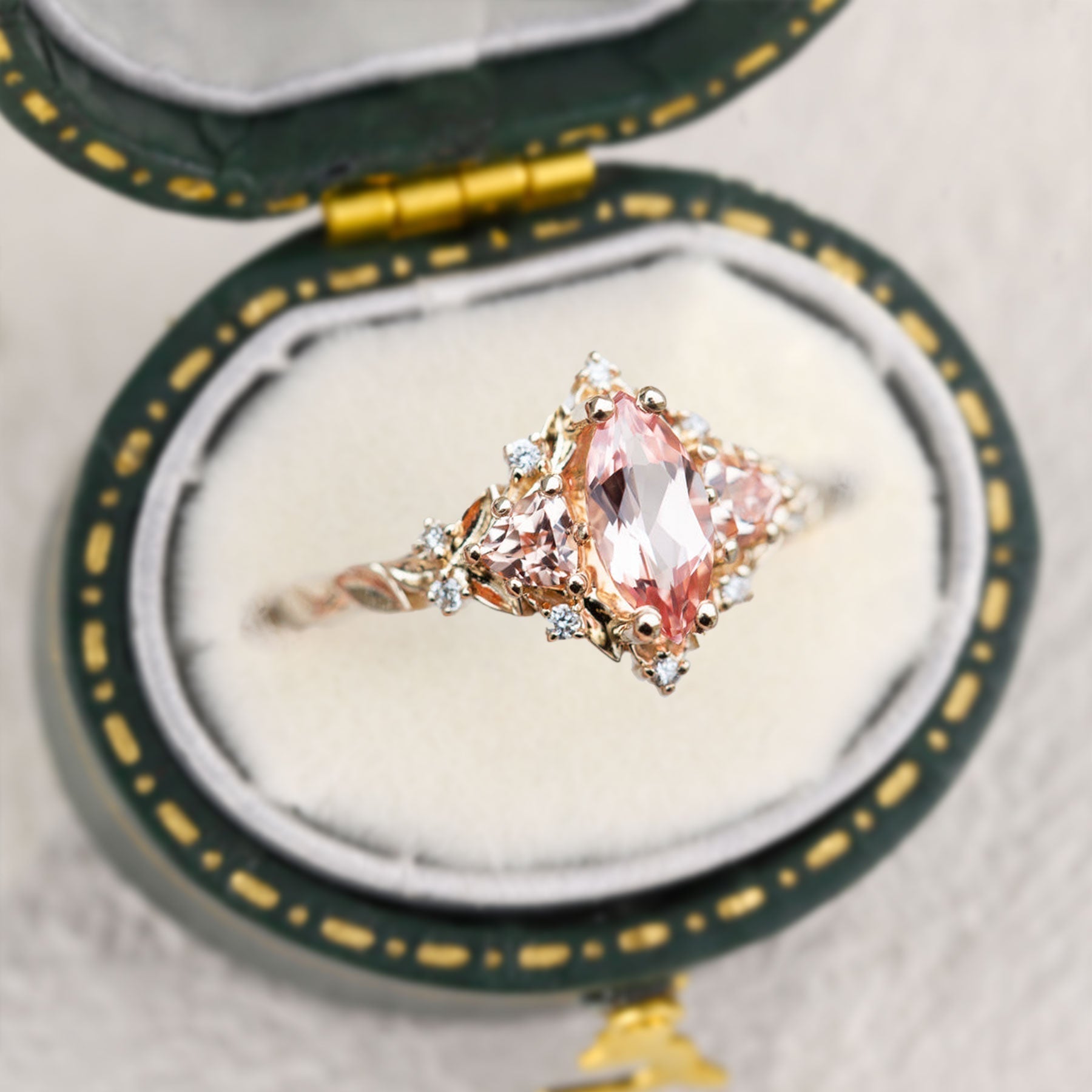 Unique Briar Rose Three Stone Marquise Lab Padparadscha Ring - Oore Jewelry