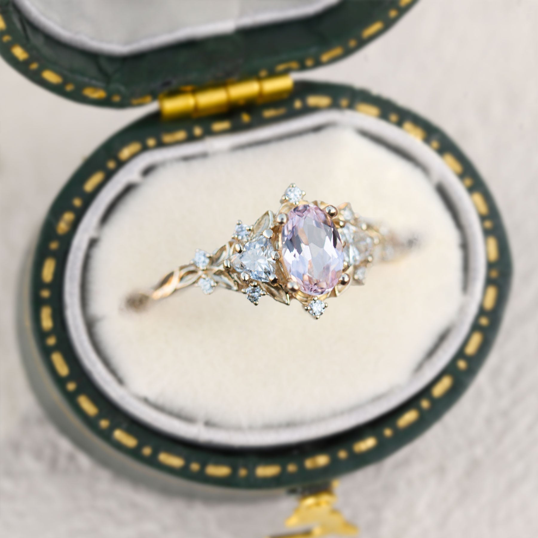 Unique Briar Rose Three Stone Oval lighter Pink Lab Padparadscha Ring - Oore Jewelry
