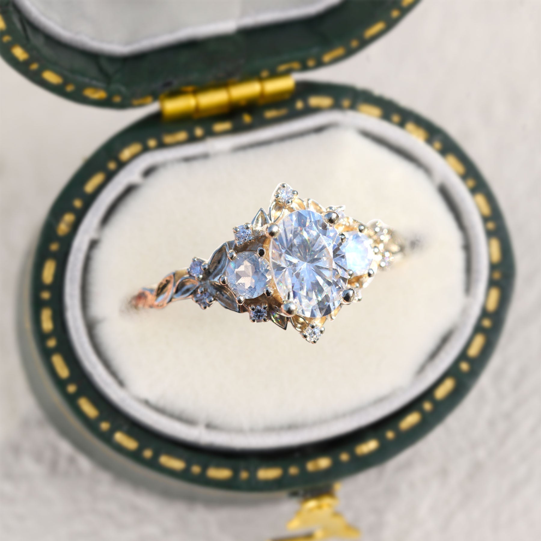 Unique Briar Rose Three Stone Oval Moissanite and Lab Moonstone Ring - Oore Jewelry