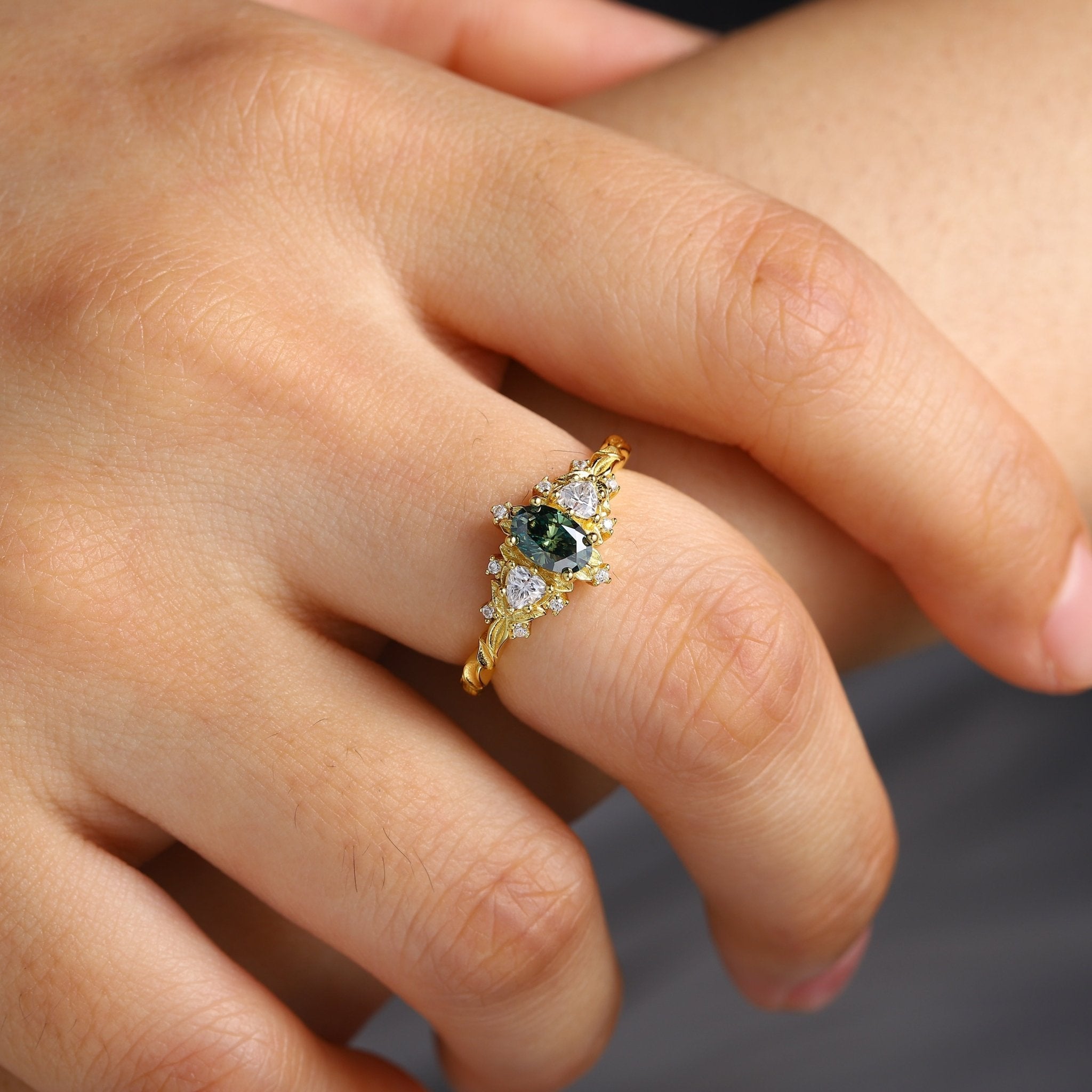 Unique Briar Rose Three Stone Oval Teal Moissanite Ring - Oore Jewelry