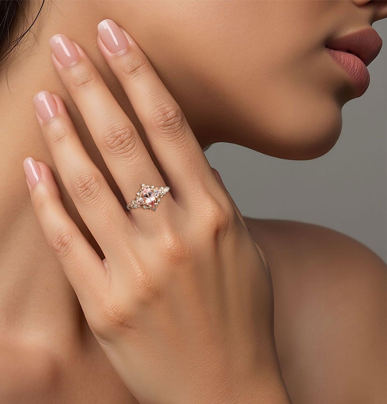 Unique Briar Rose Three Stone Marquise Lab Padparadscha Ring - Oore Jewelry