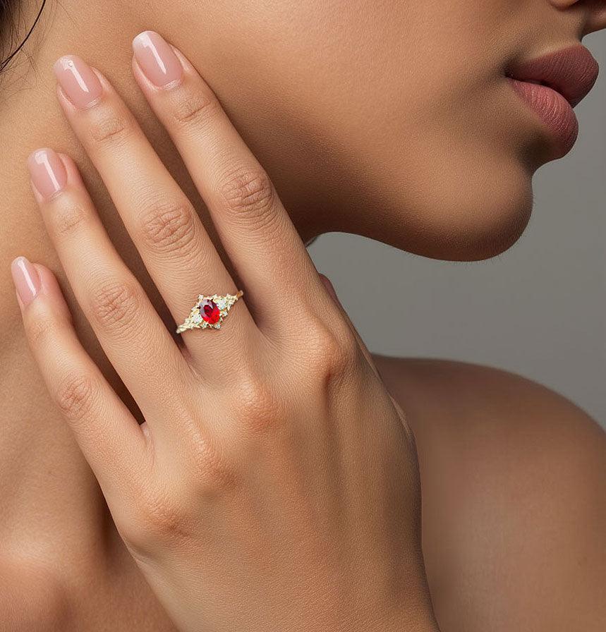 Unique Briar Rose Three Stone Oval Lab Ruby and Moissanite Ring - Oore Jewelry