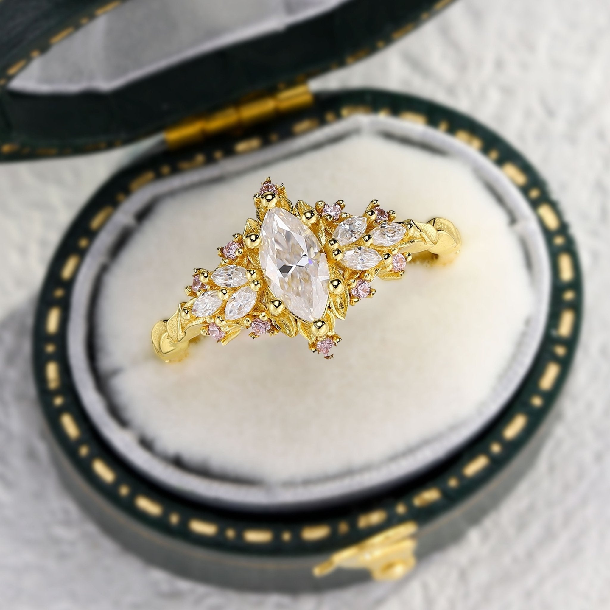 Unique Briar Rose Starlight Marquise Moissanite and Pink Lab Sapphire Ring - Oore Jewelry