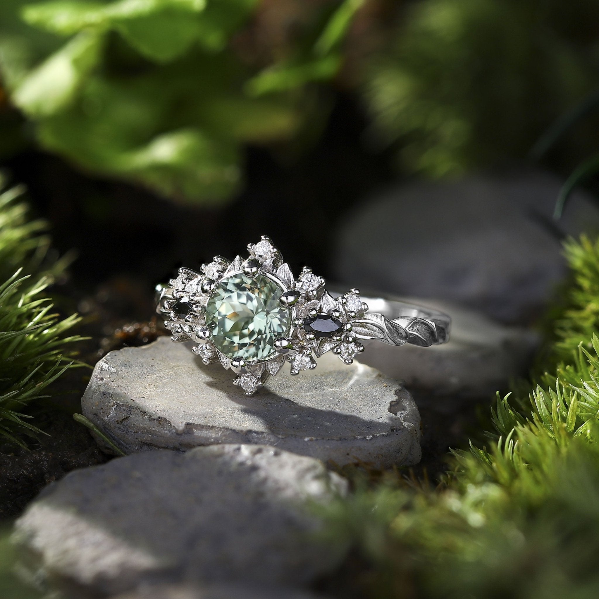 Unique Briar Rose Round Green Lab Sapphire and Black Moissanite Ring - Oore Jewelry