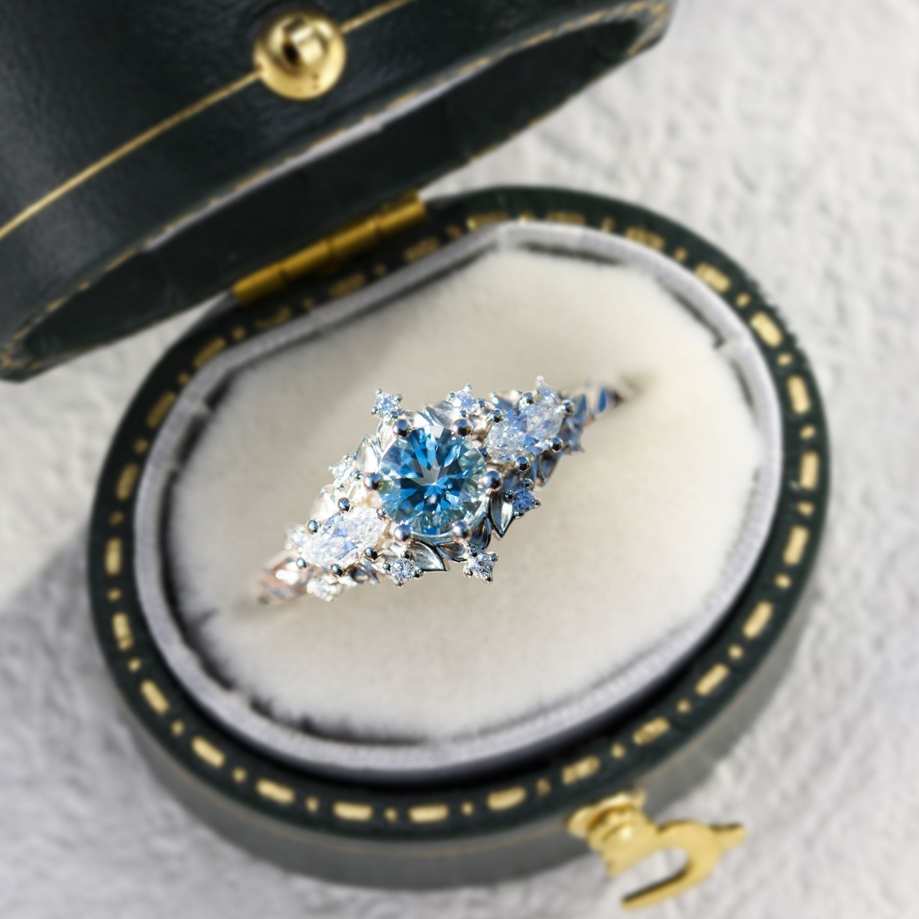 Unique Briar Rose Round Lab Aquamarine and Moissanite Ring - Oore Jewelry