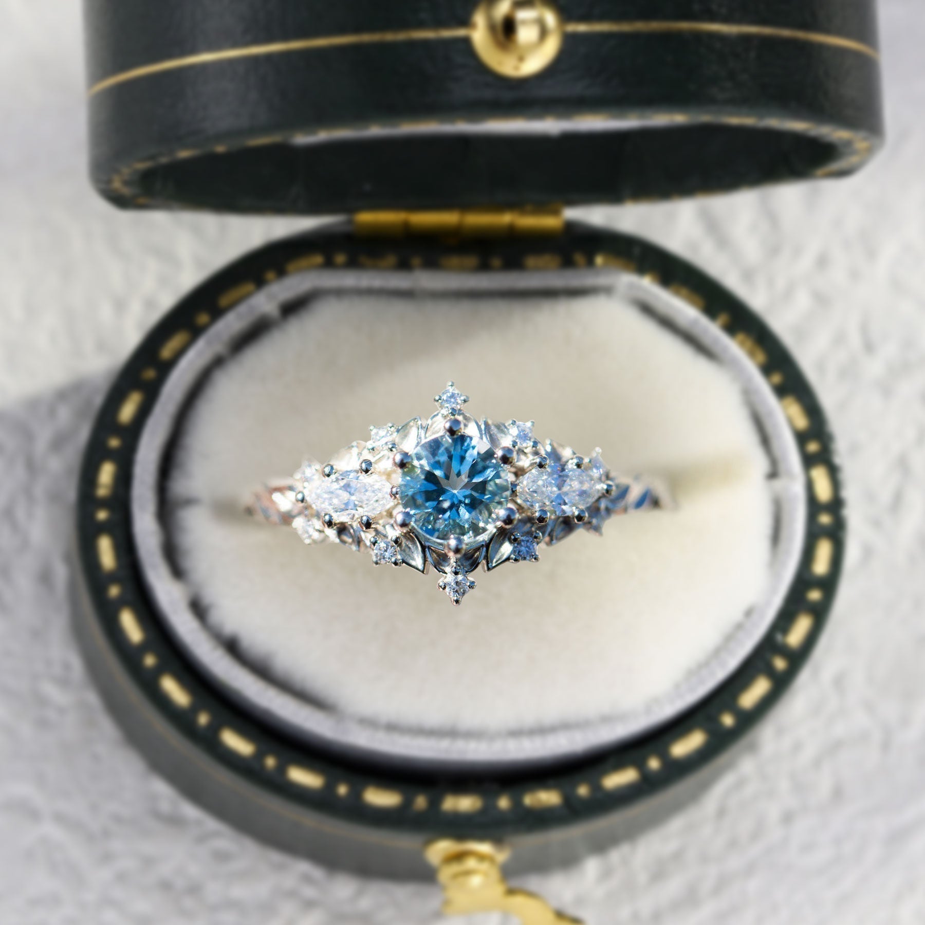 Unique Briar Rose Round Lab Aquamarine and Moissanite Ring - Oore Jewelry