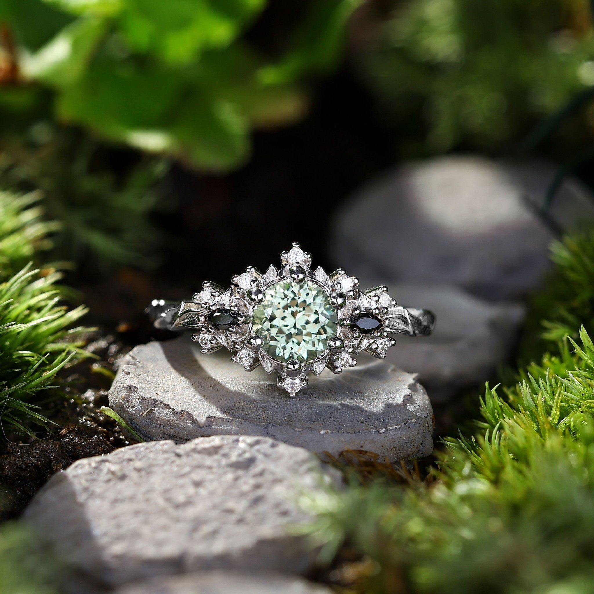 Unique Briar Rose Round Green Lab Sapphire and Black Moissanite Ring - Oore Jewelry