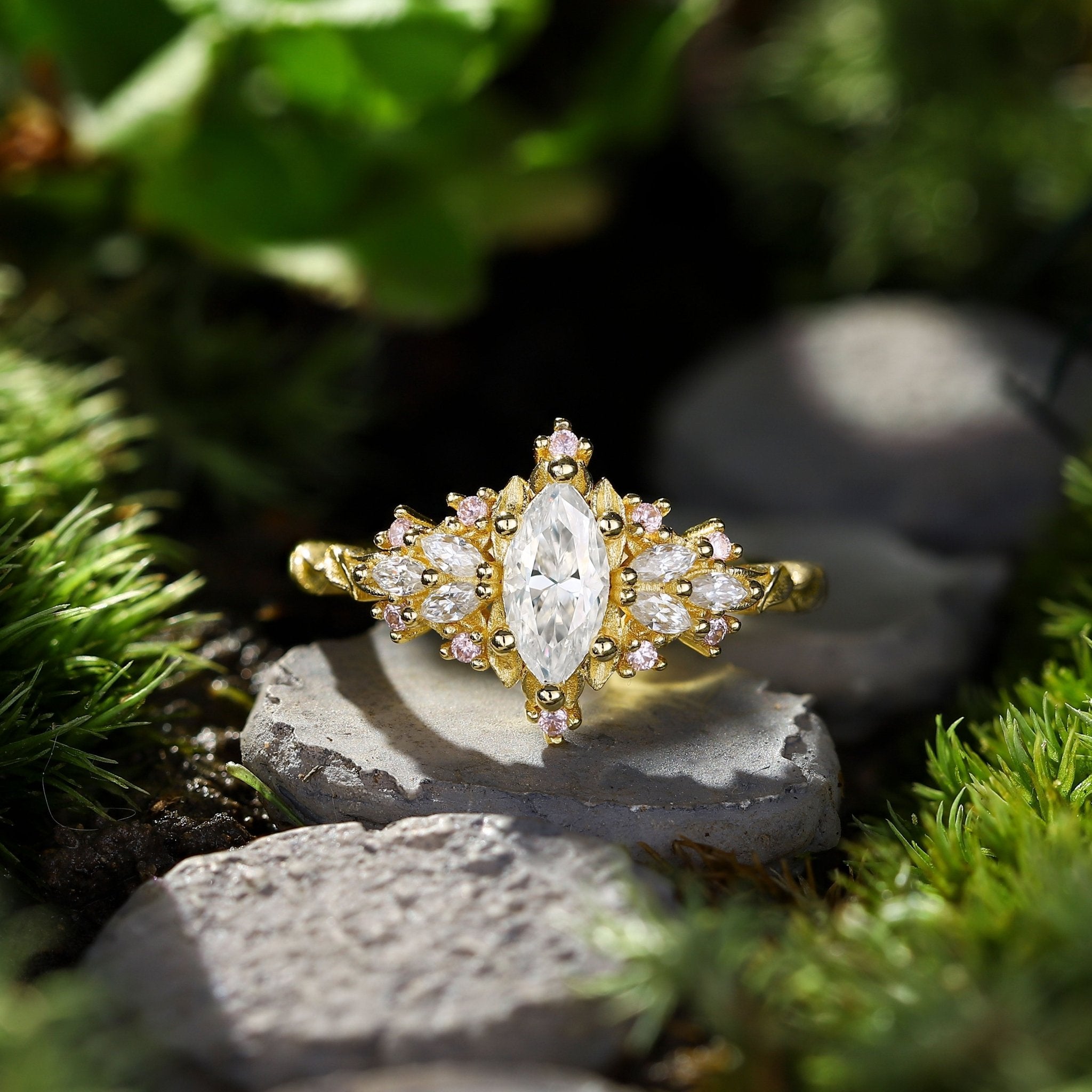 Unique Briar Rose Starlight Marquise Moissanite and Pink Lab Sapphire Ring - Oore Jewelry