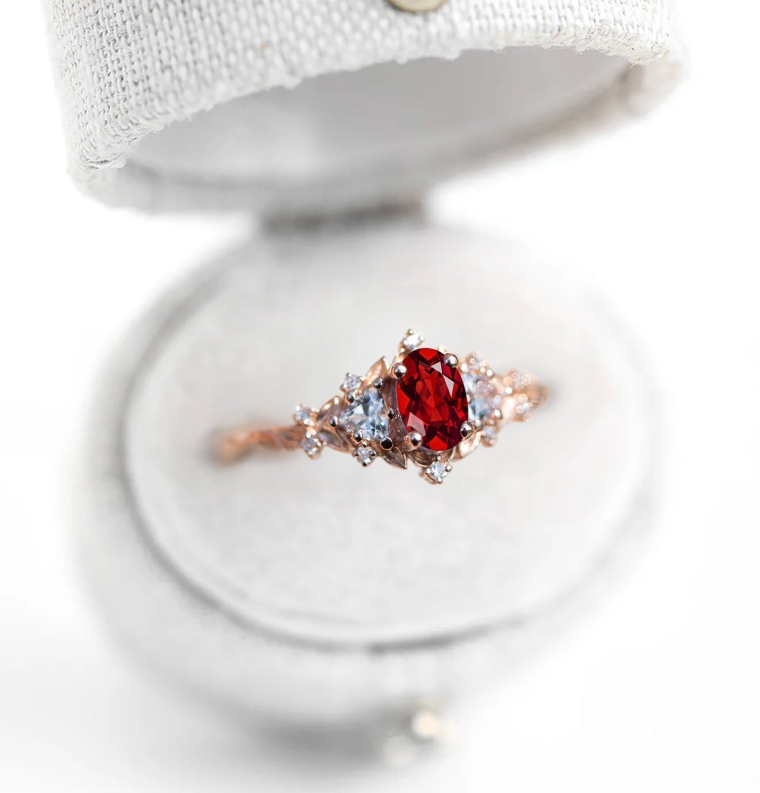 Unique Briar Rose Oval Garnet and Moissanite Ring - Oore Jewelry