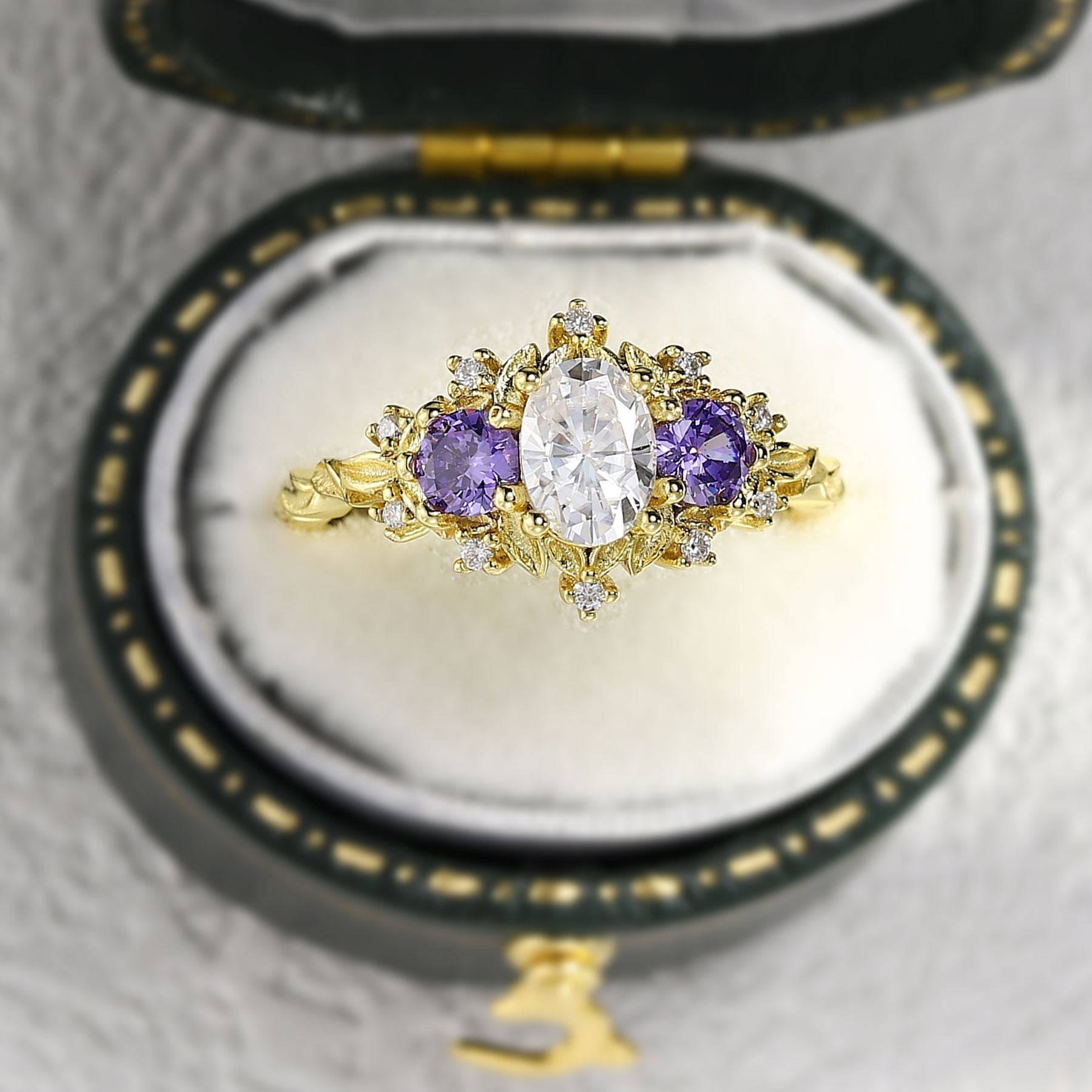 Unique Briar Rose Oval Moissanite and Lab Amethyst Ring - Oore Jewelry