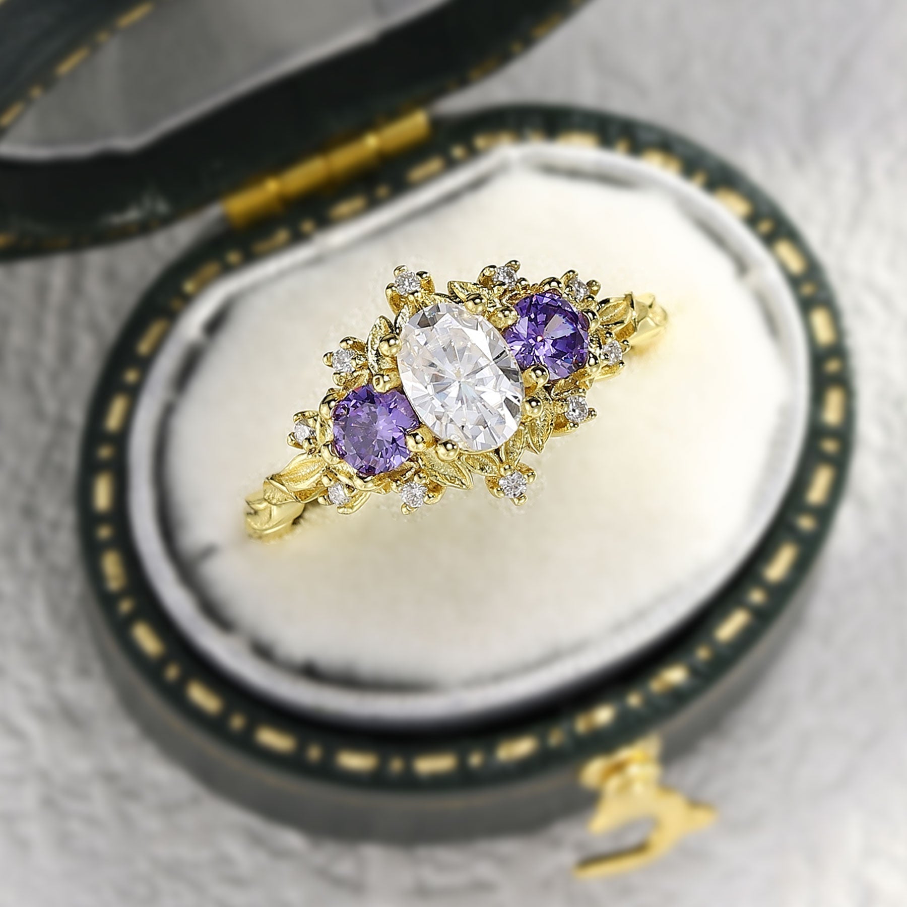 Unique Briar Rose Oval Moissanite and Lab Amethyst Ring - Oore Jewelry
