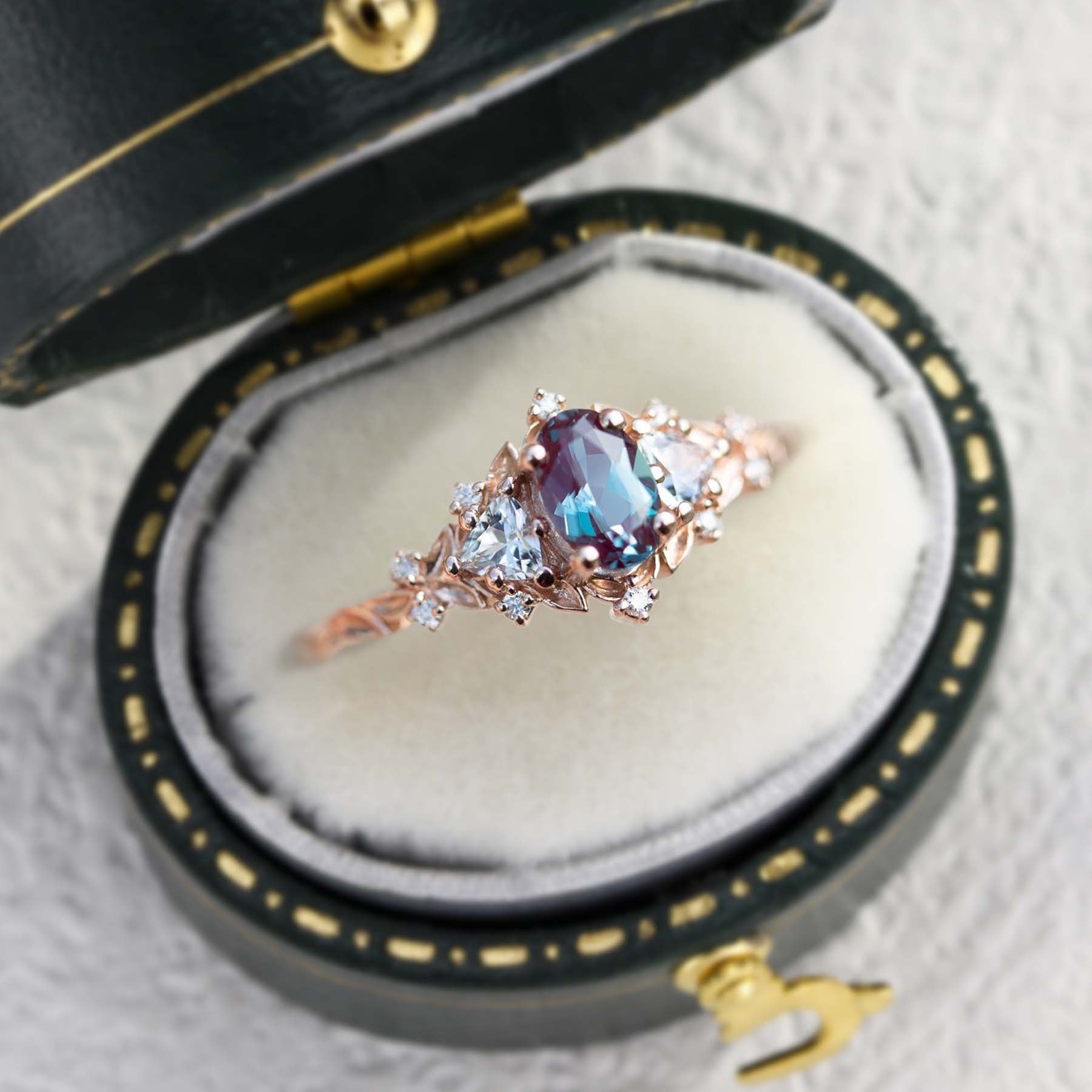 Unique Briar Rose Oval Lab Alexandrite and Moissanite Ring - Oore Jewelry