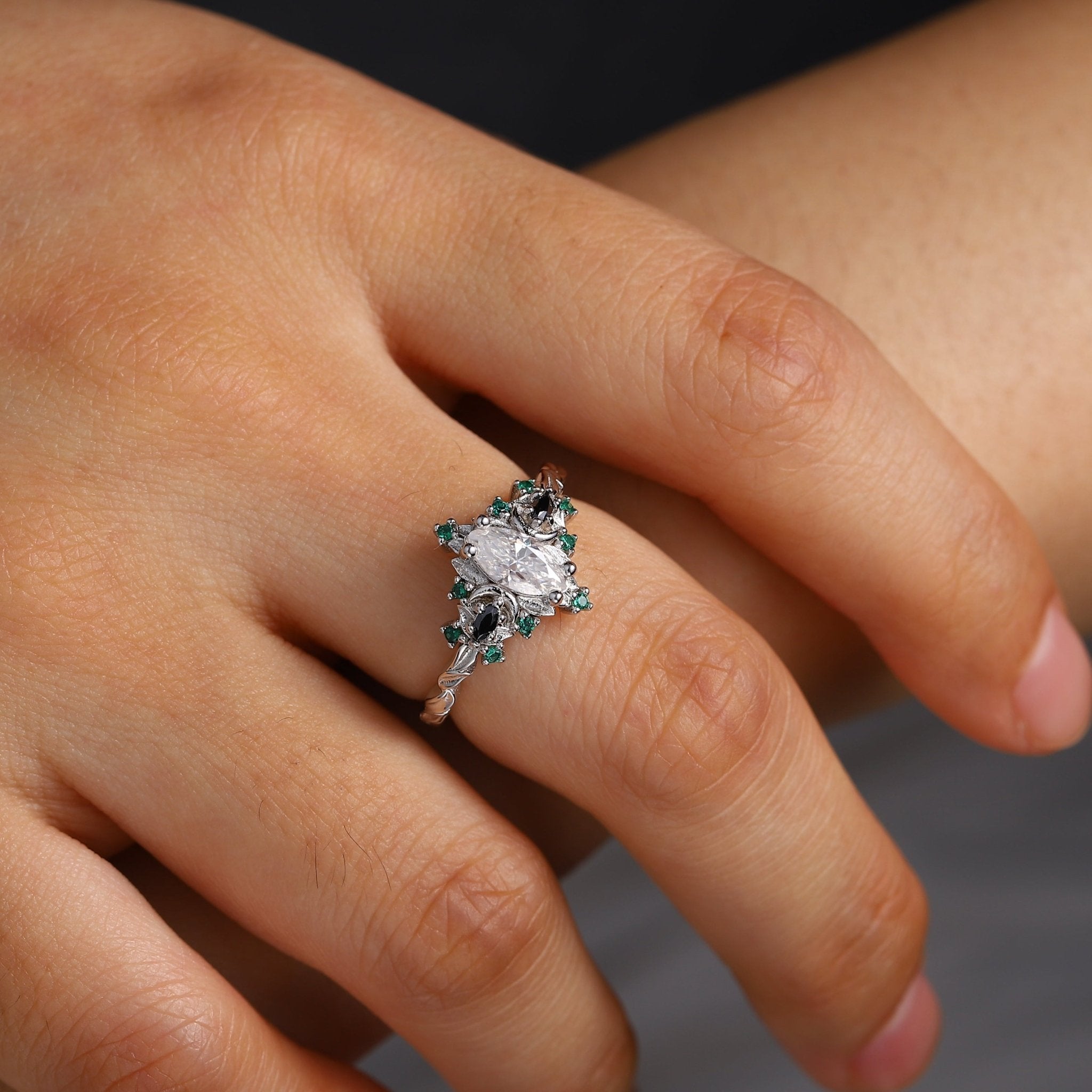 Unique Briar Moon Three Stone Marquise Moissanite and Lab Emerald Ring - Oore Jewelry