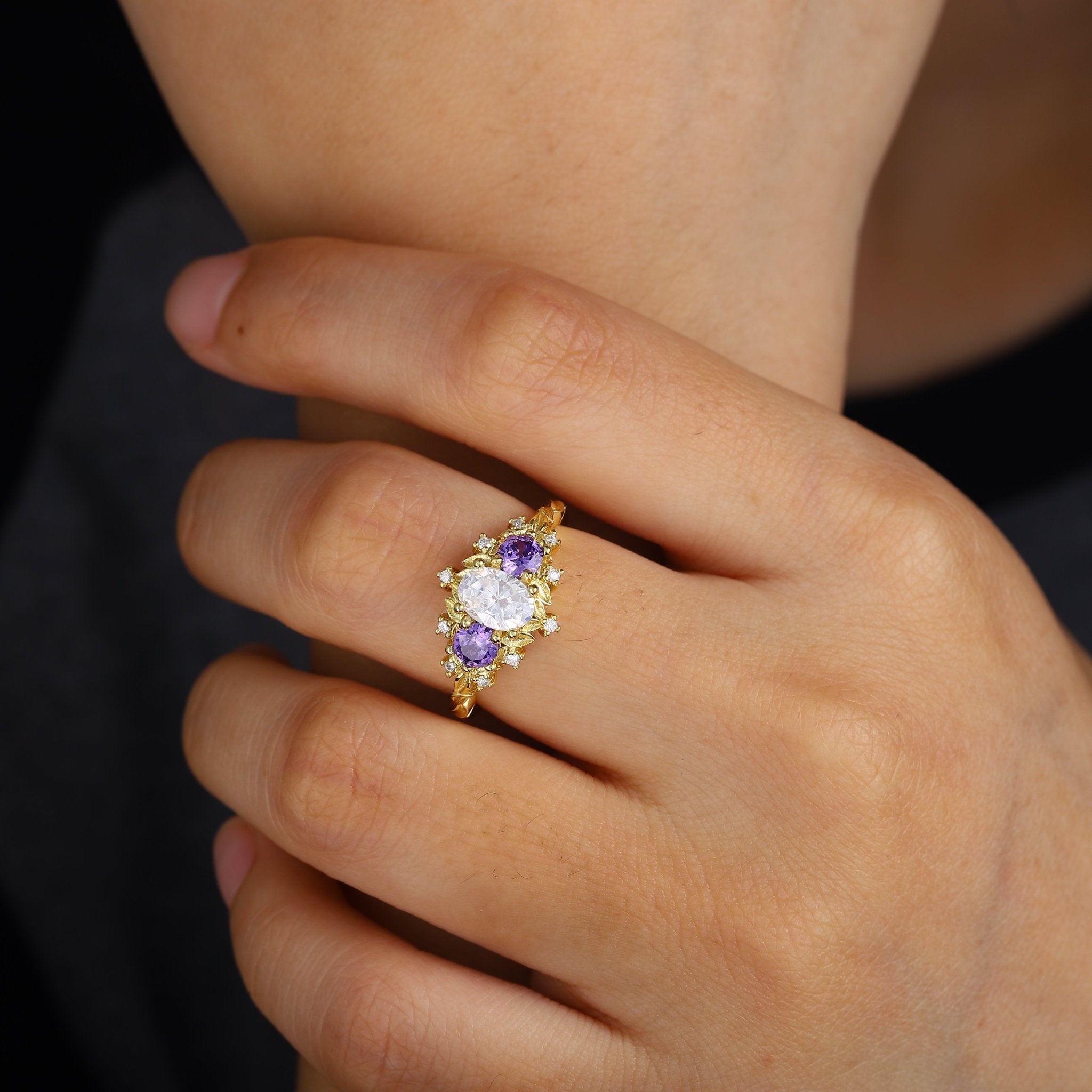 Unique Briar Rose Oval Moissanite and Lab Amethyst Ring - Oore Jewelry