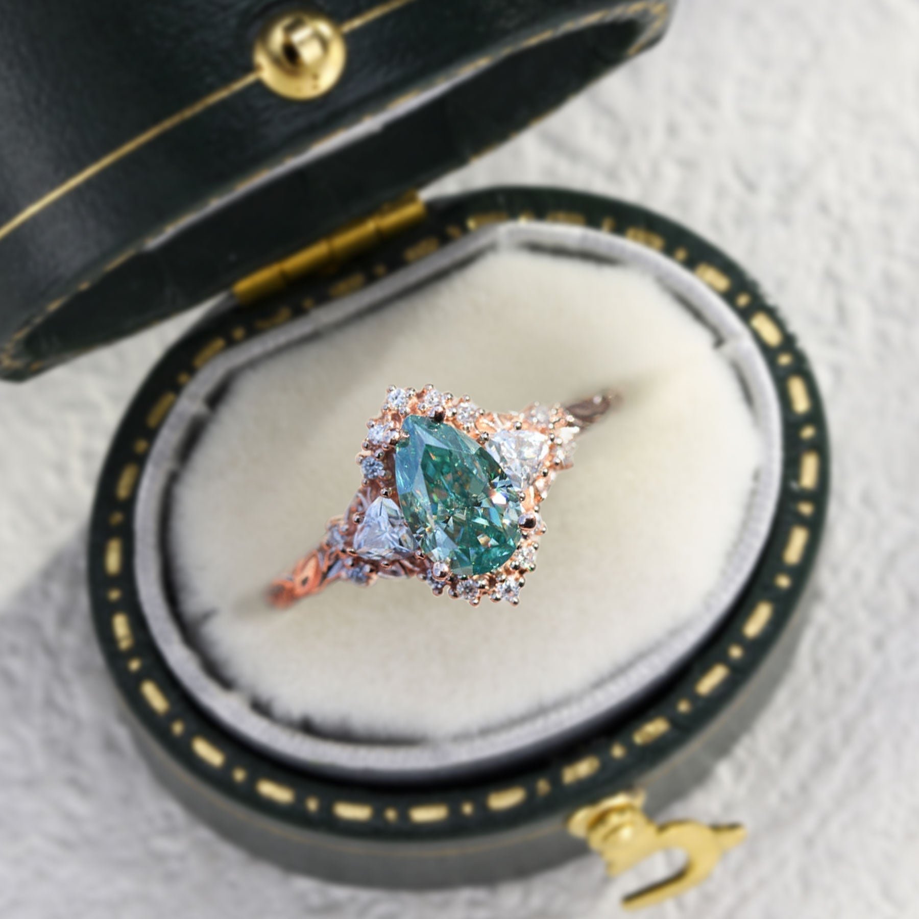 Unique Briar Half Halo Pear Teal Moissanite Ring - Oore Jewelry