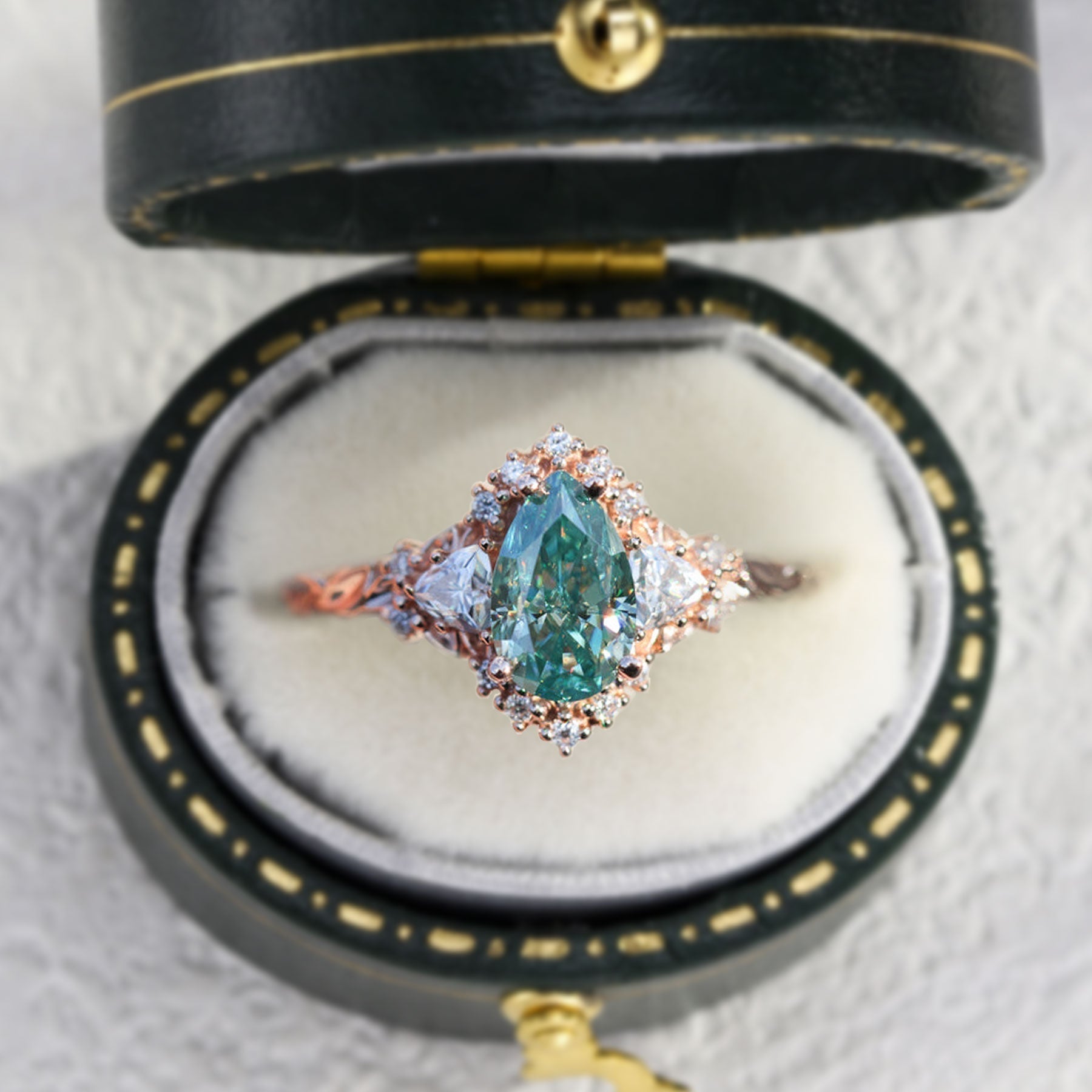 Unique Briar Half Halo Pear Teal Moissanite Ring - Oore Jewelry
