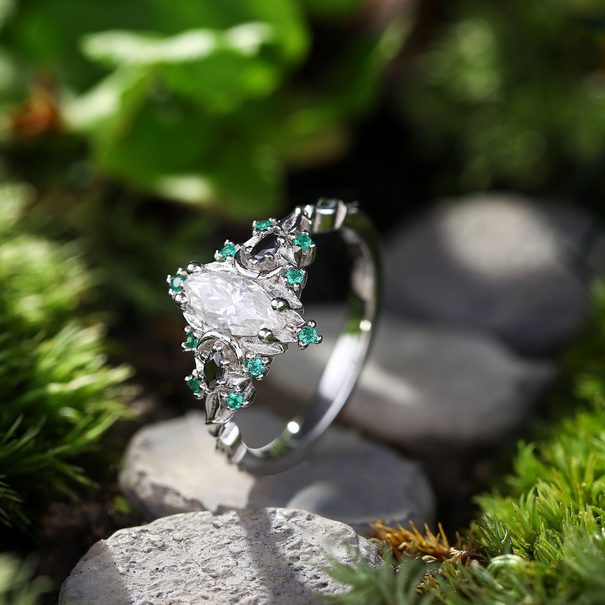 Unique Briar Moon Three Stone Marquise Moissanite and Lab Emerald Ring - Oore Jewelry
