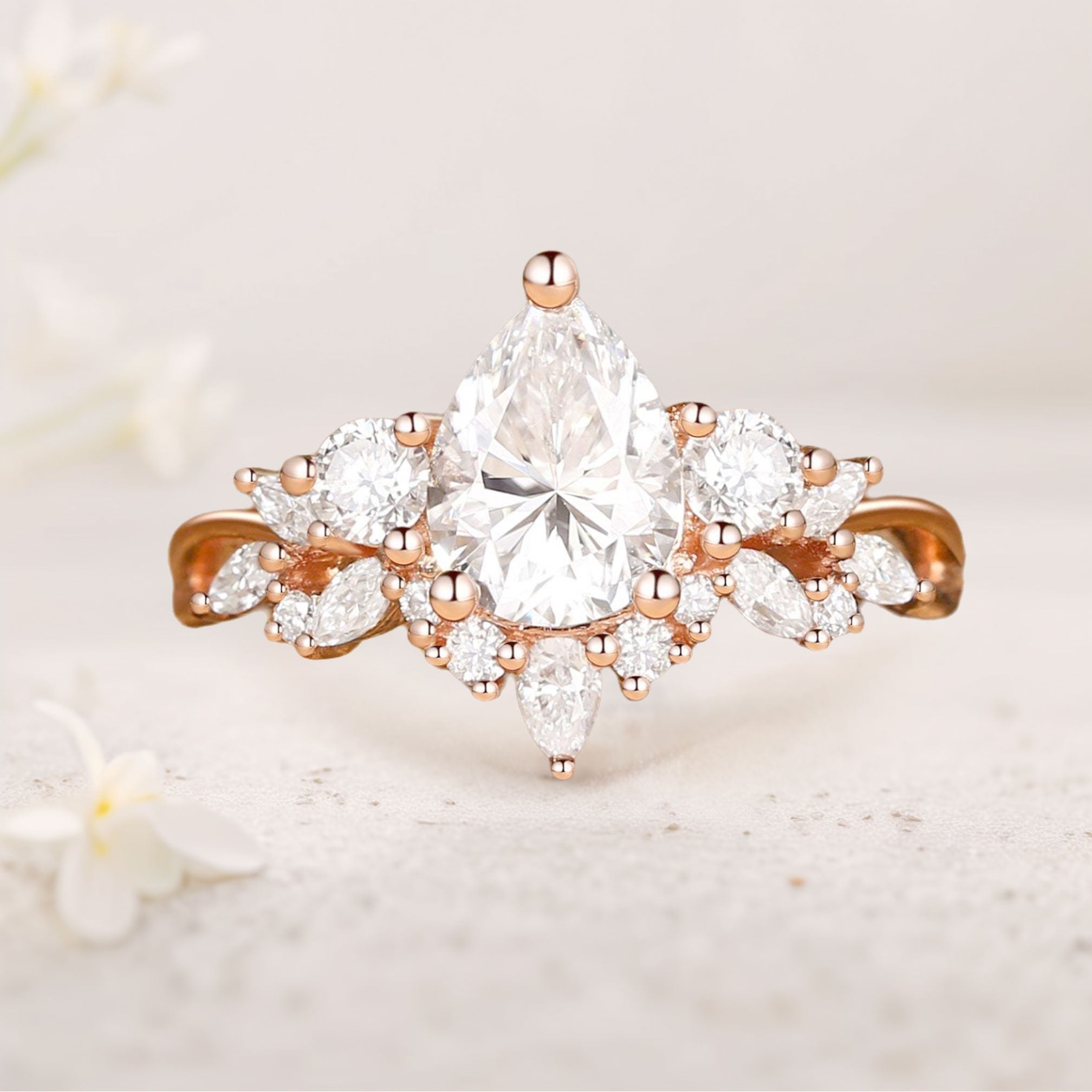 Unique floral Three Stone Pear Moissanite Cluster Engagement Ring - Oore Jewelry